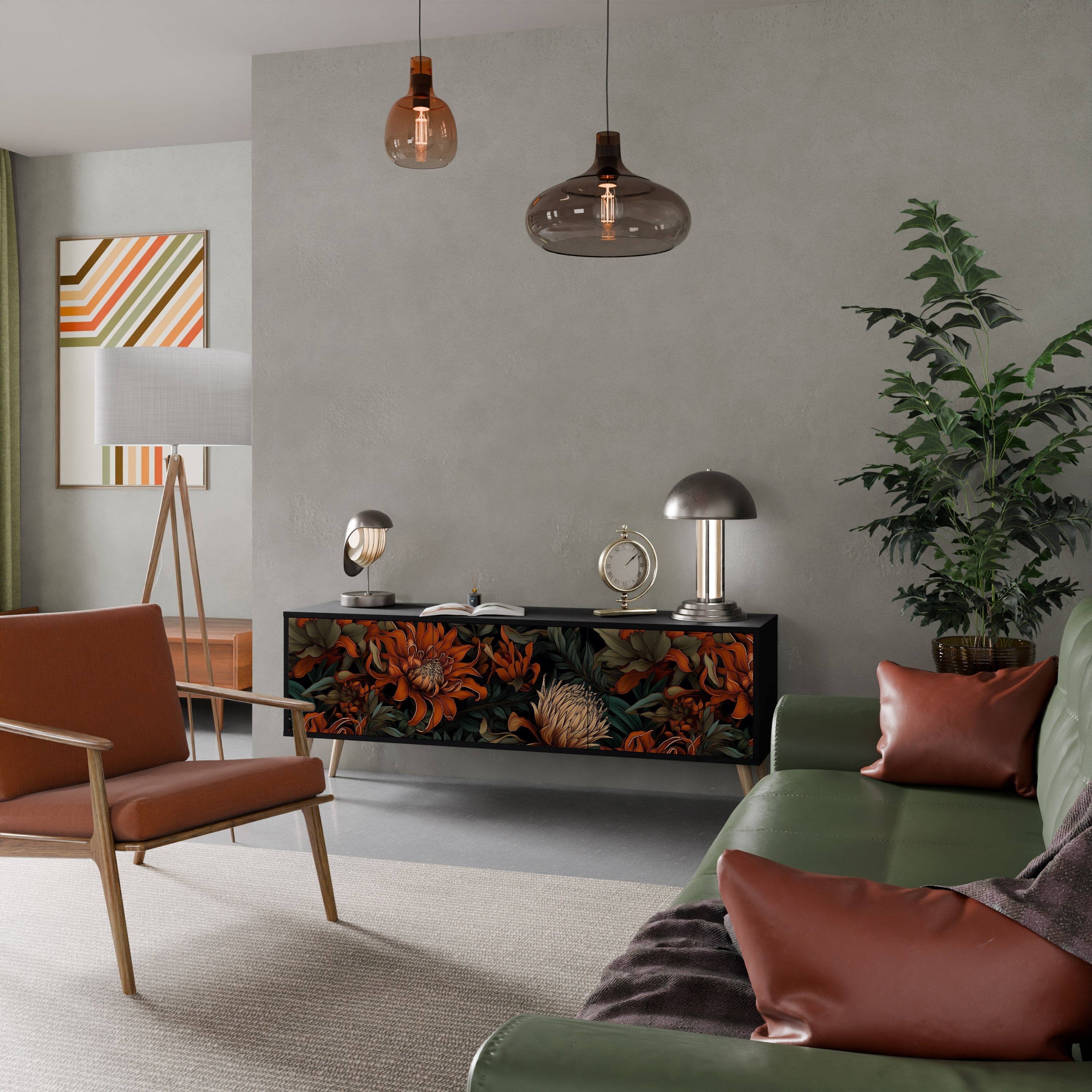 DAWN BLOOM Móvel de TV com 3 Portas em Acabamento Preto