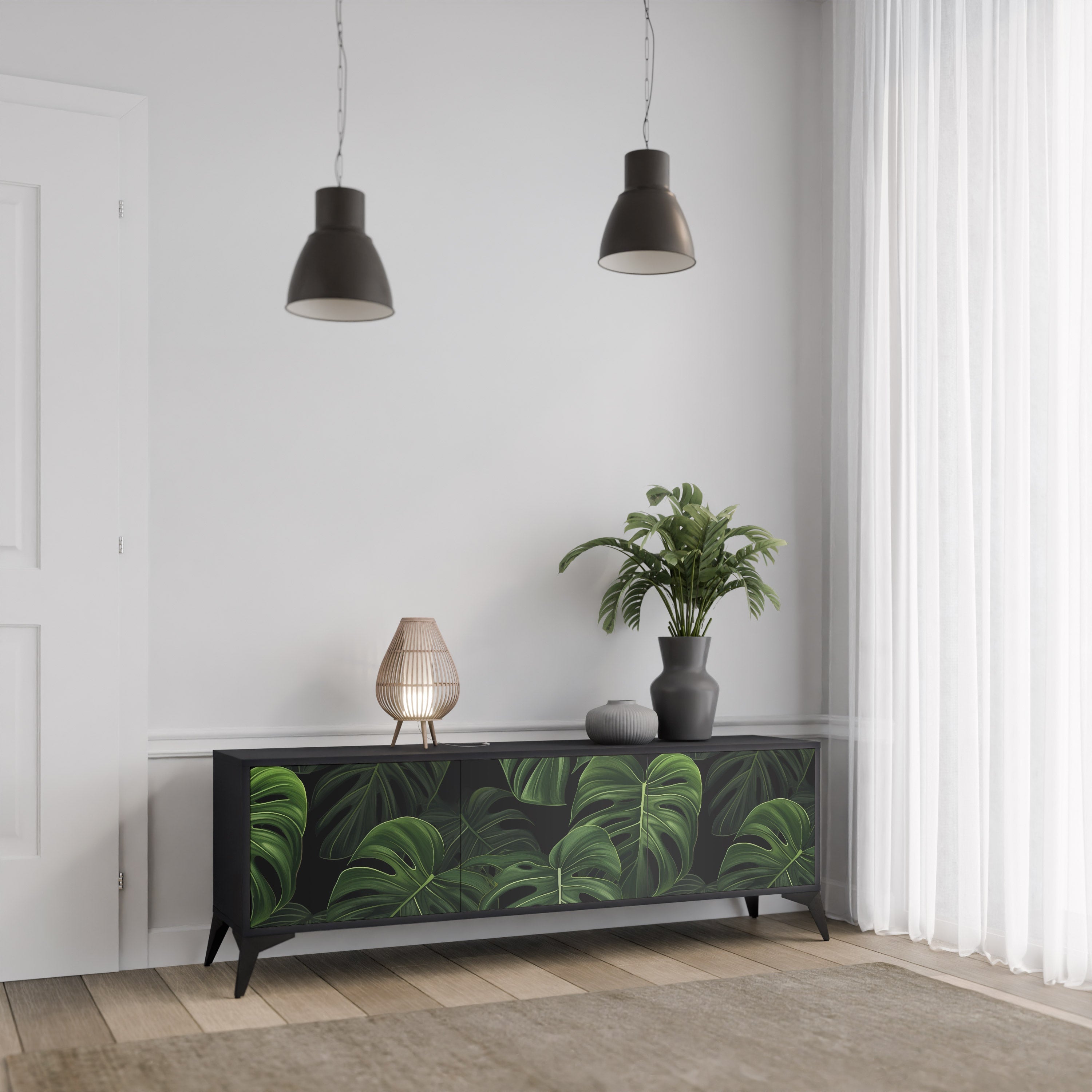 INFINITE MONSTERA Móvel de TV com 3 Portas em Acabamento Preto