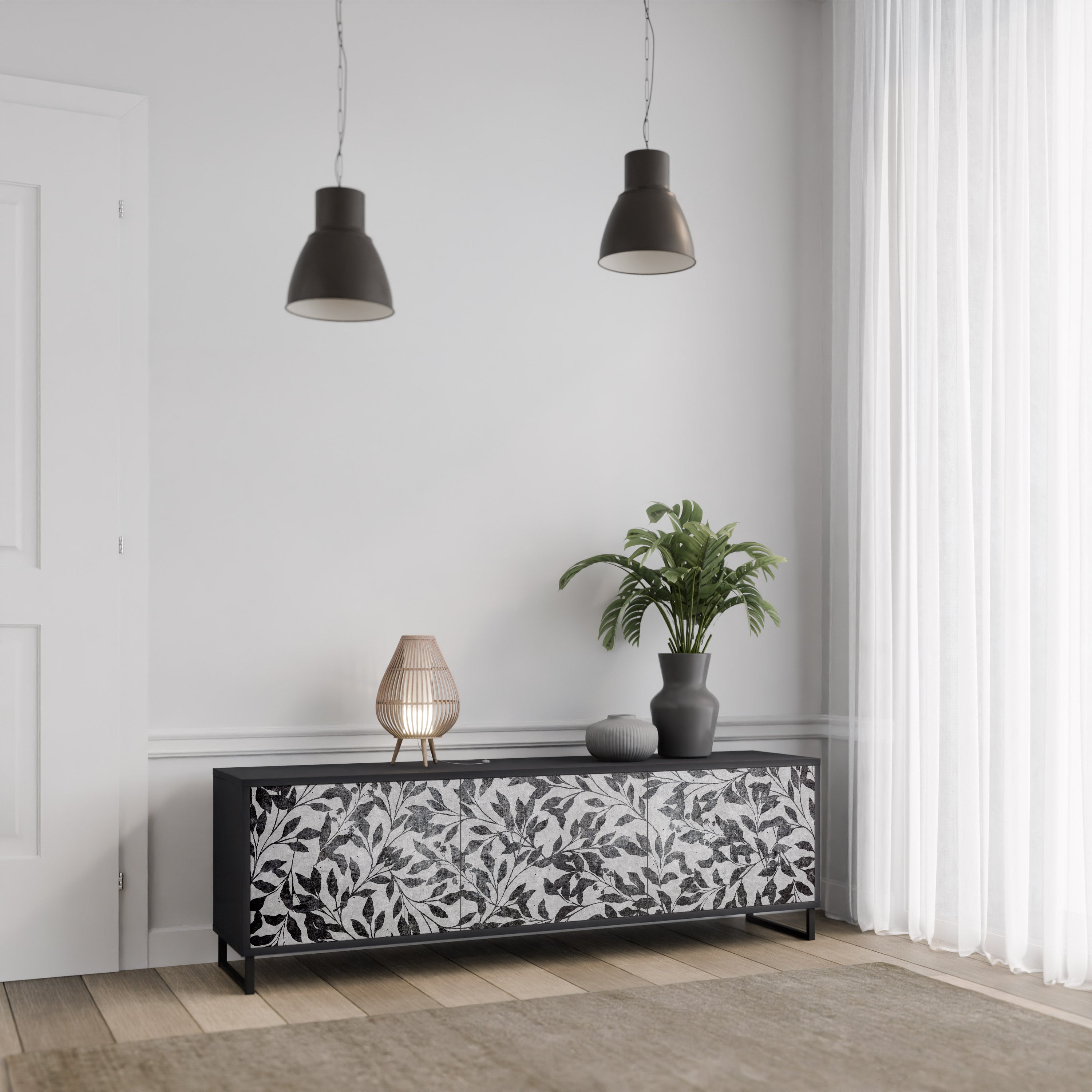 CHARCOAL SPROUT Móvel de TV com 3 Portas em Acabamento Preto