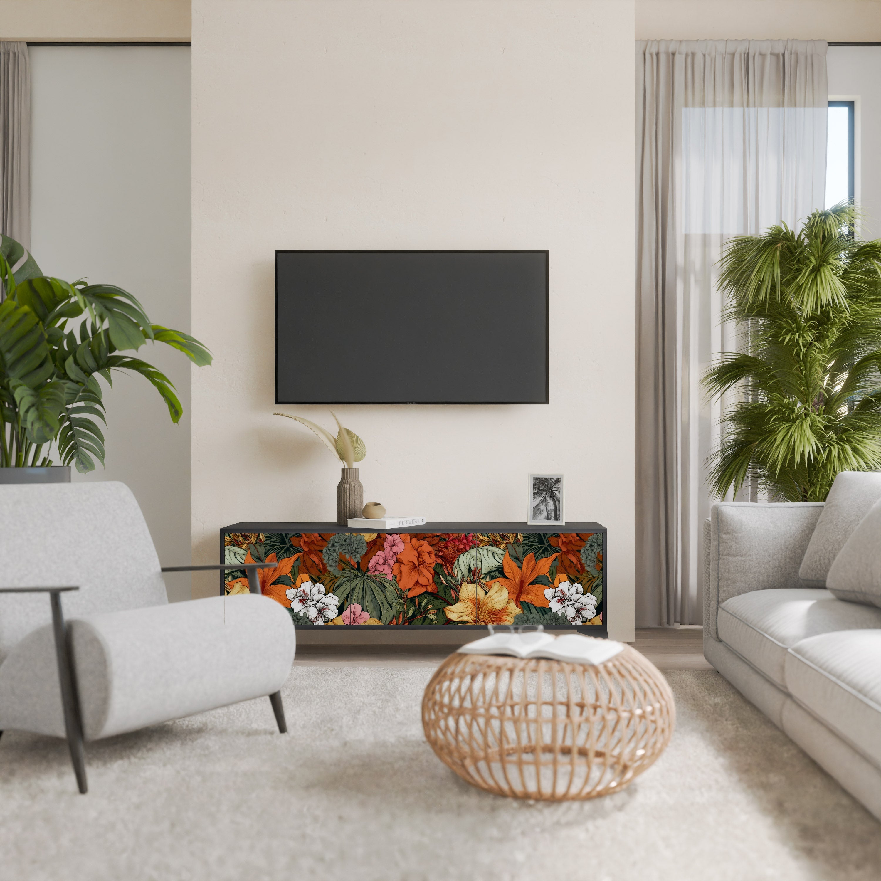 RADIANT FLORA Móvel de TV com 3 Portas em Acabamento Preto