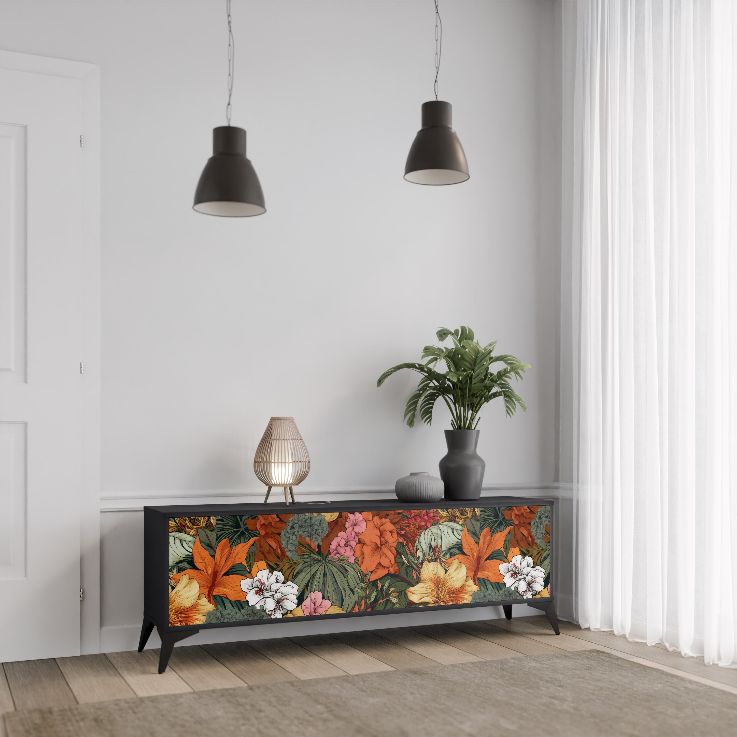 RADIANT FLORA Móvel de TV com 3 Portas em Acabamento Preto