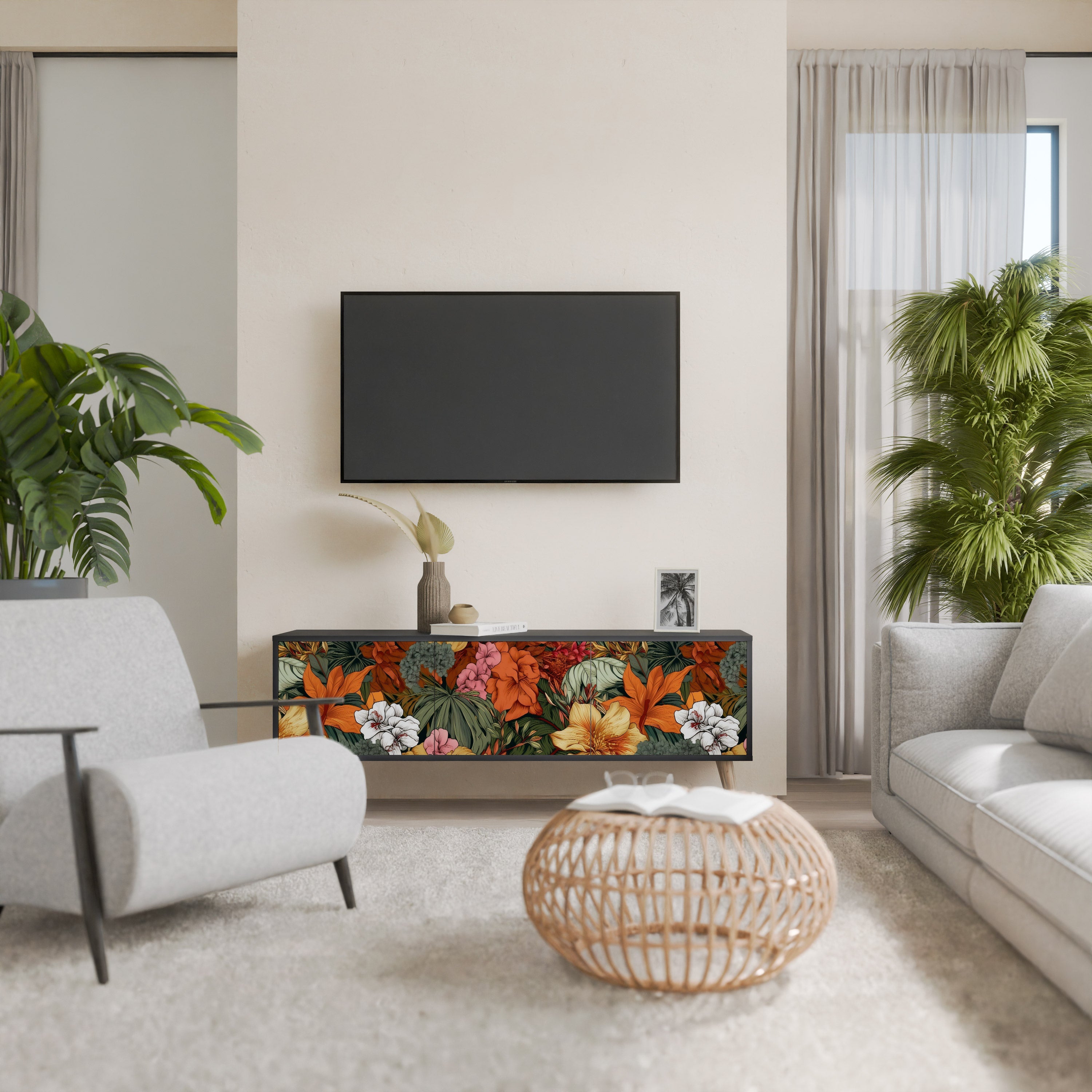 RADIANT FLORA Móvel de TV com 3 Portas em Acabamento Preto