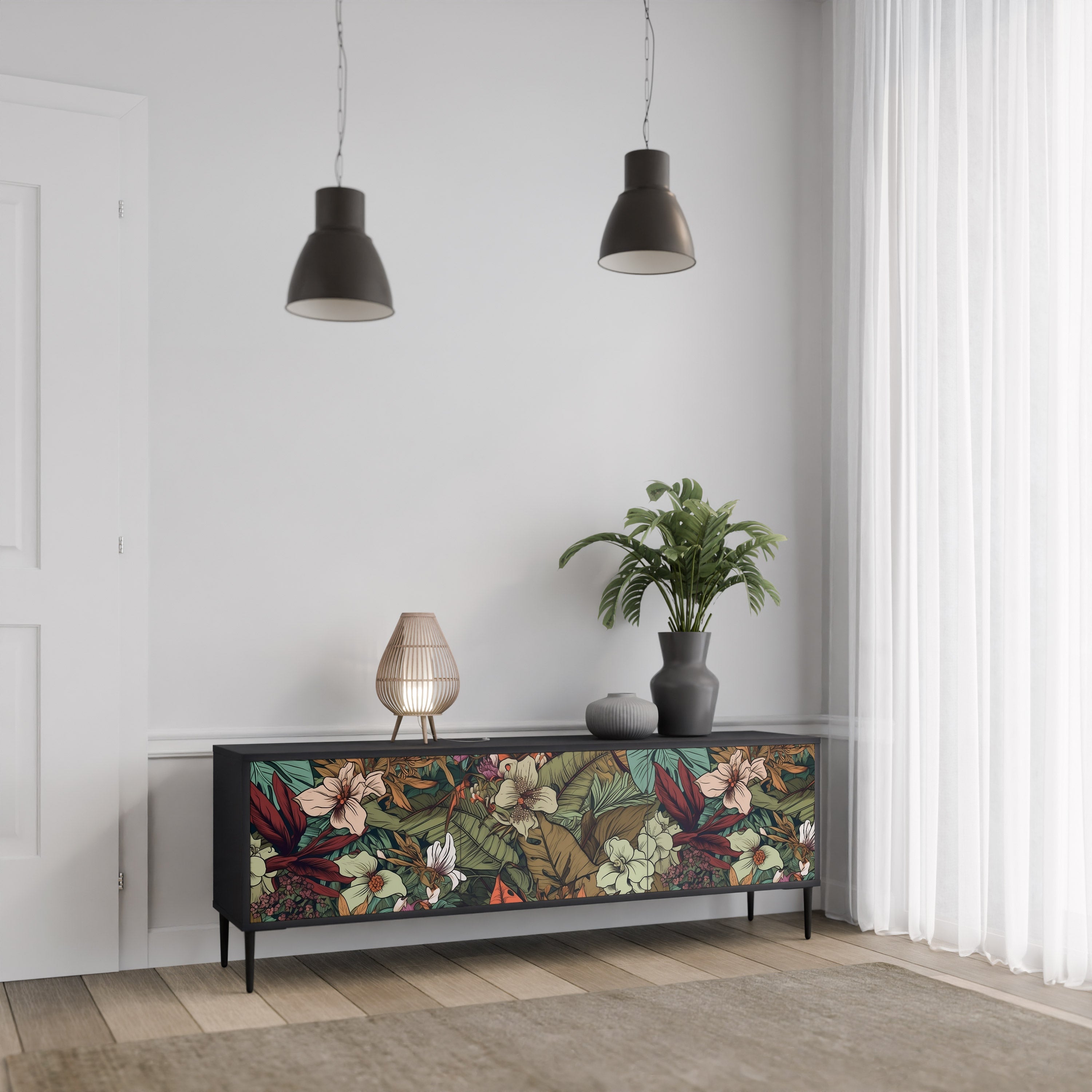 BOTANICAL EMERGENCE Móvel de TV com 3 Portas em Acabamento Preto