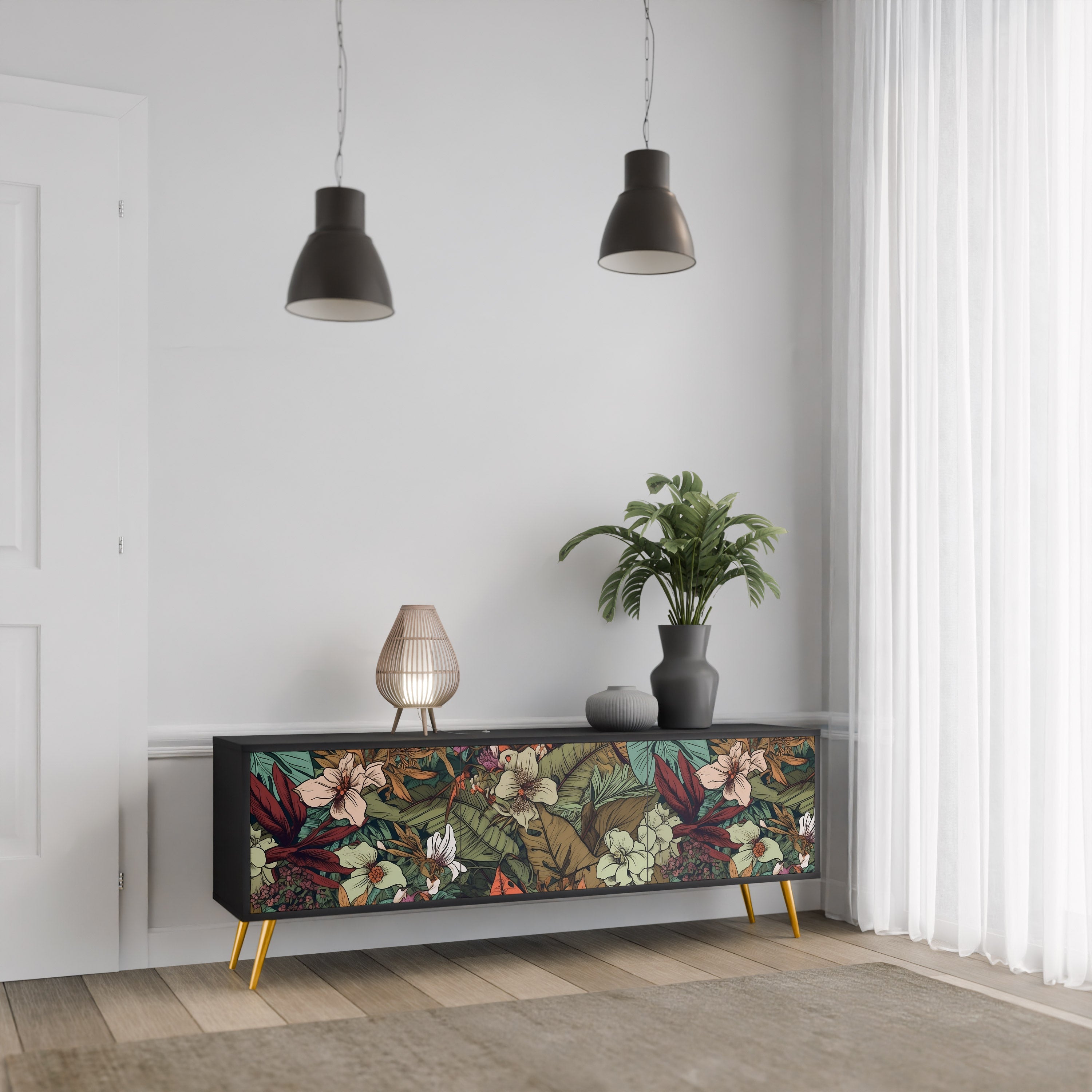 BOTANICAL EMERGENCE 3-Door TV Stand in Black Finish