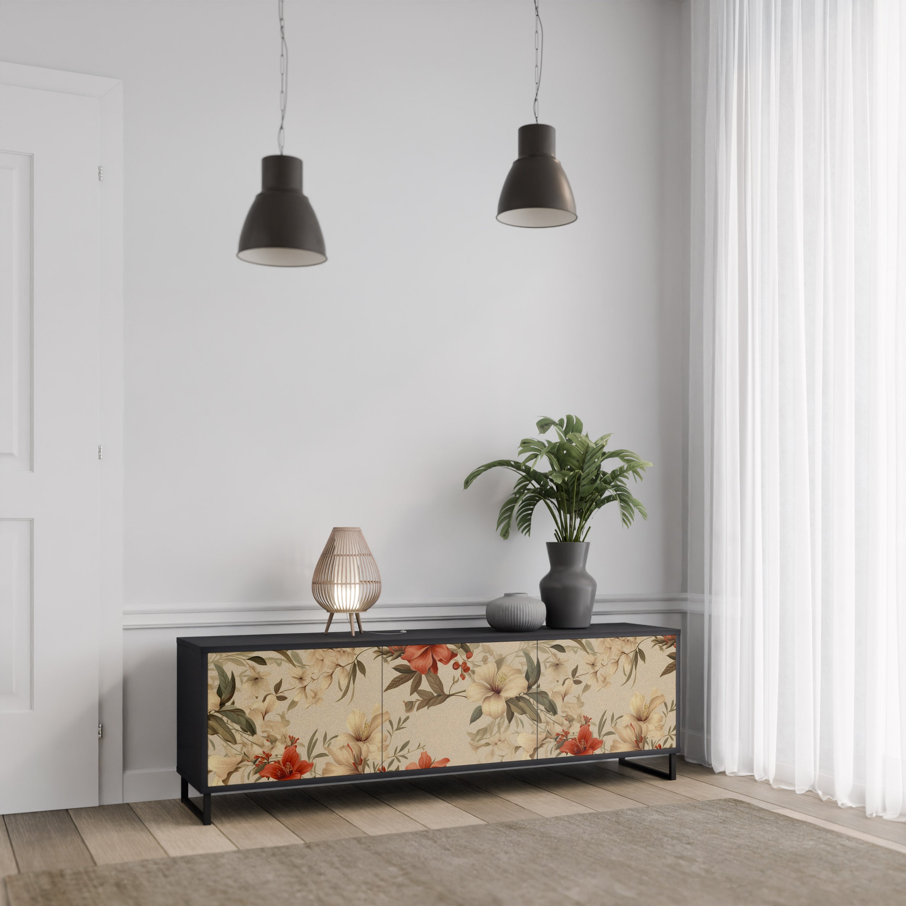 BLOOMING HARMONY Móvel de TV com 3 Portas em Acabamento Preto