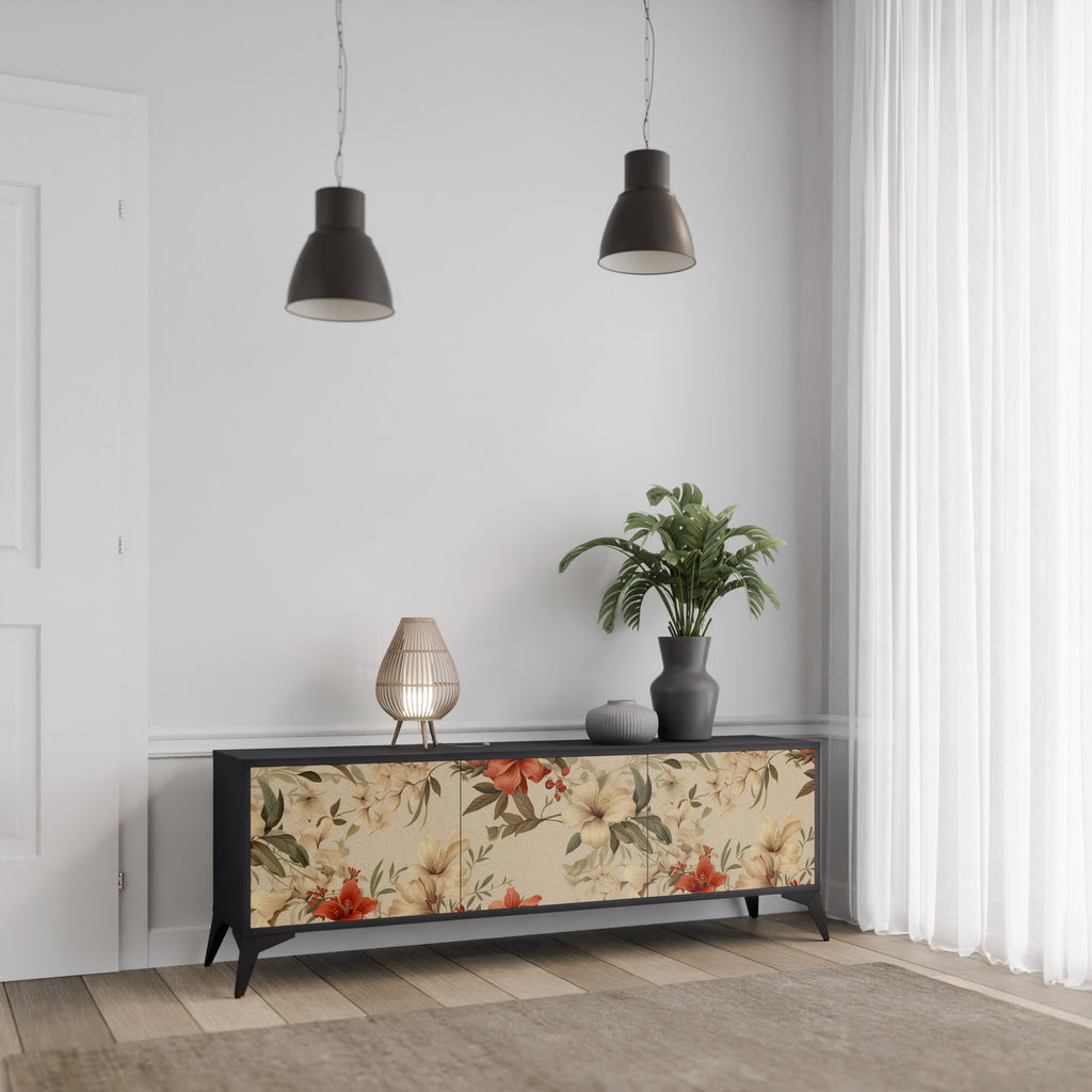 BLOOMING HARMONY Móvel de TV com 3 Portas em Acabamento Preto