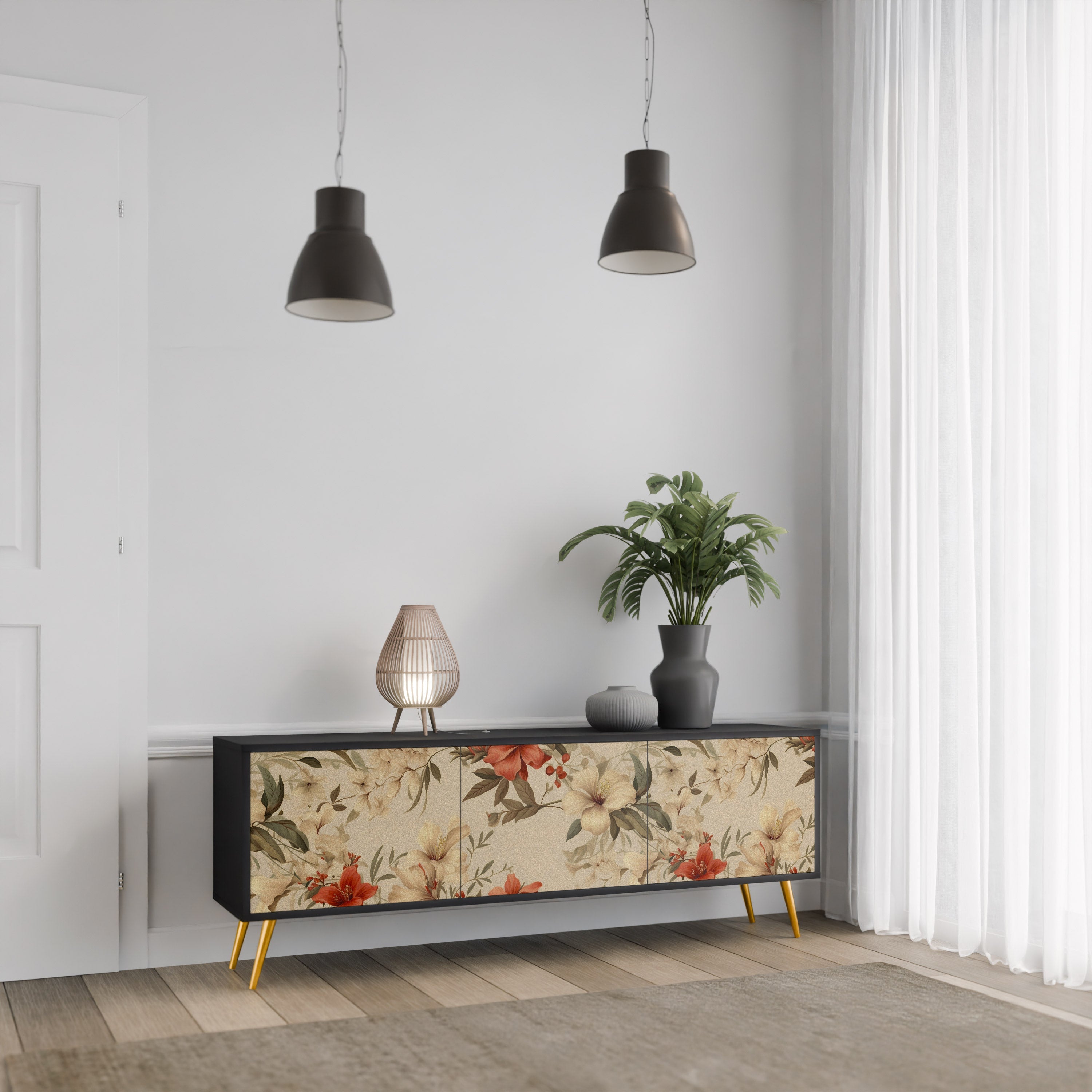 BLOOMING HARMONY Móvel de TV com 3 Portas em Acabamento Preto