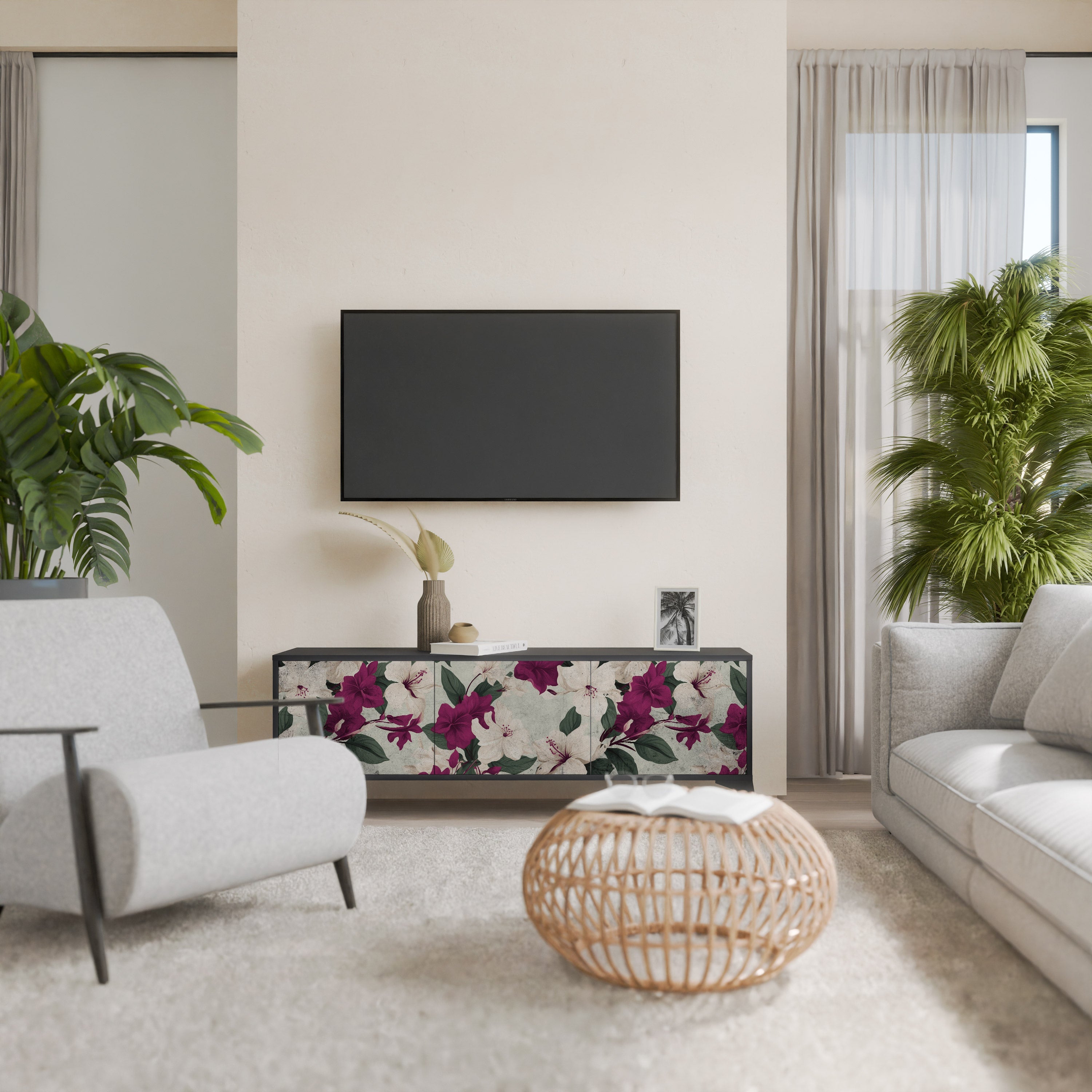 FLOWERET DREAM Móvel de TV com 3 Portas em Acabamento Preto