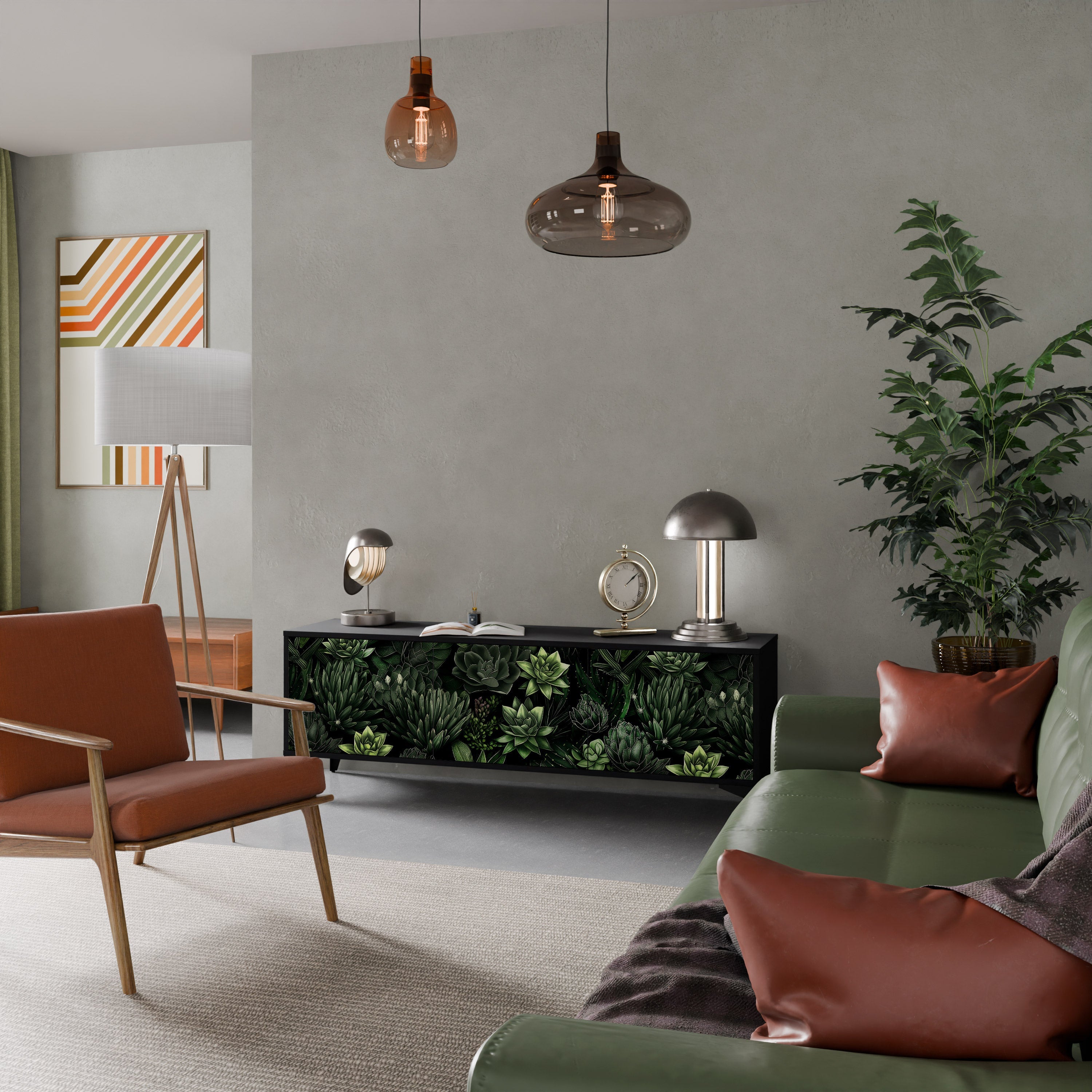 SUCCULENT JUNGLE Móvel de TV com 3 Portas em Acabamento Preto