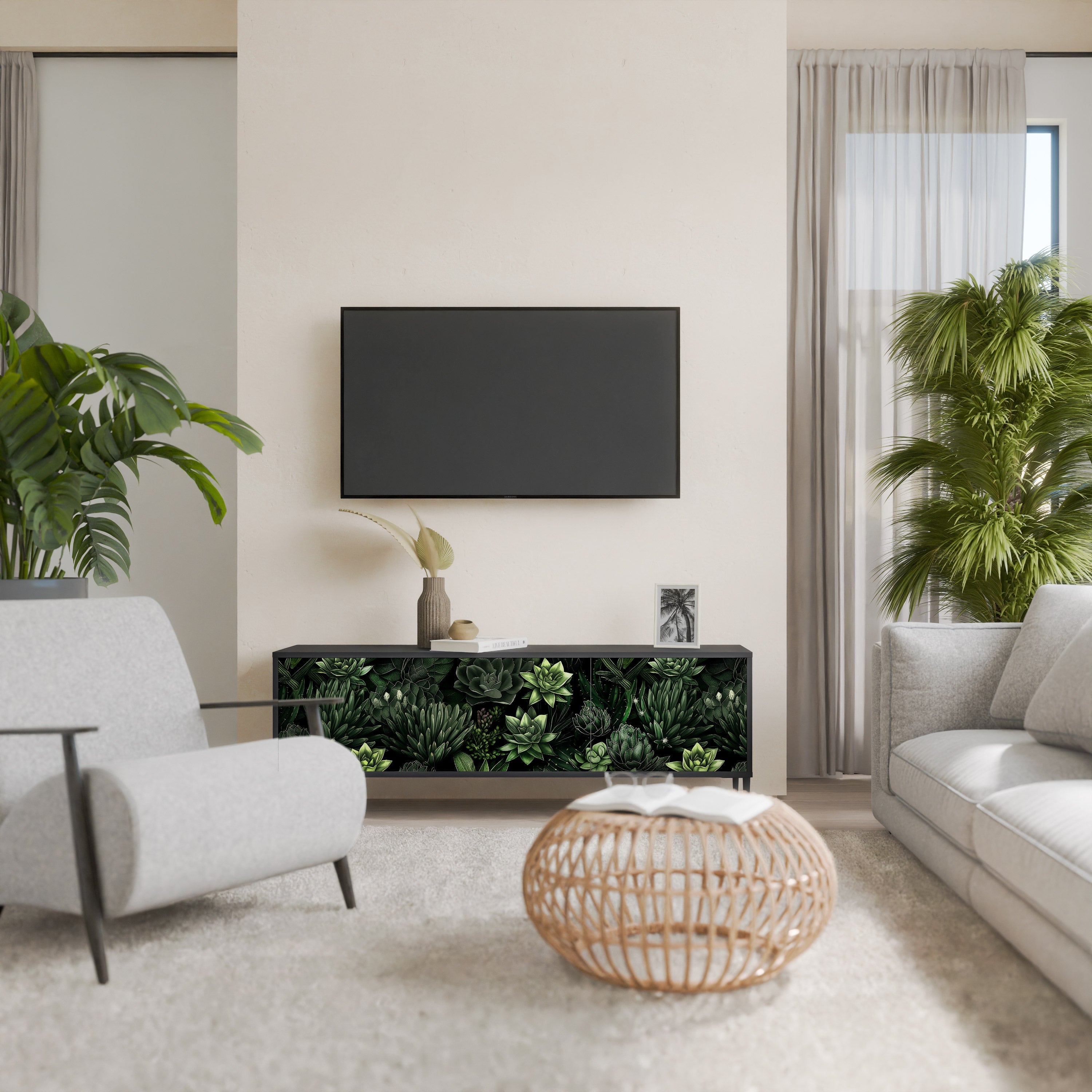 SUCCULENT JUNGLE Móvel de TV com 3 Portas em Acabamento Preto