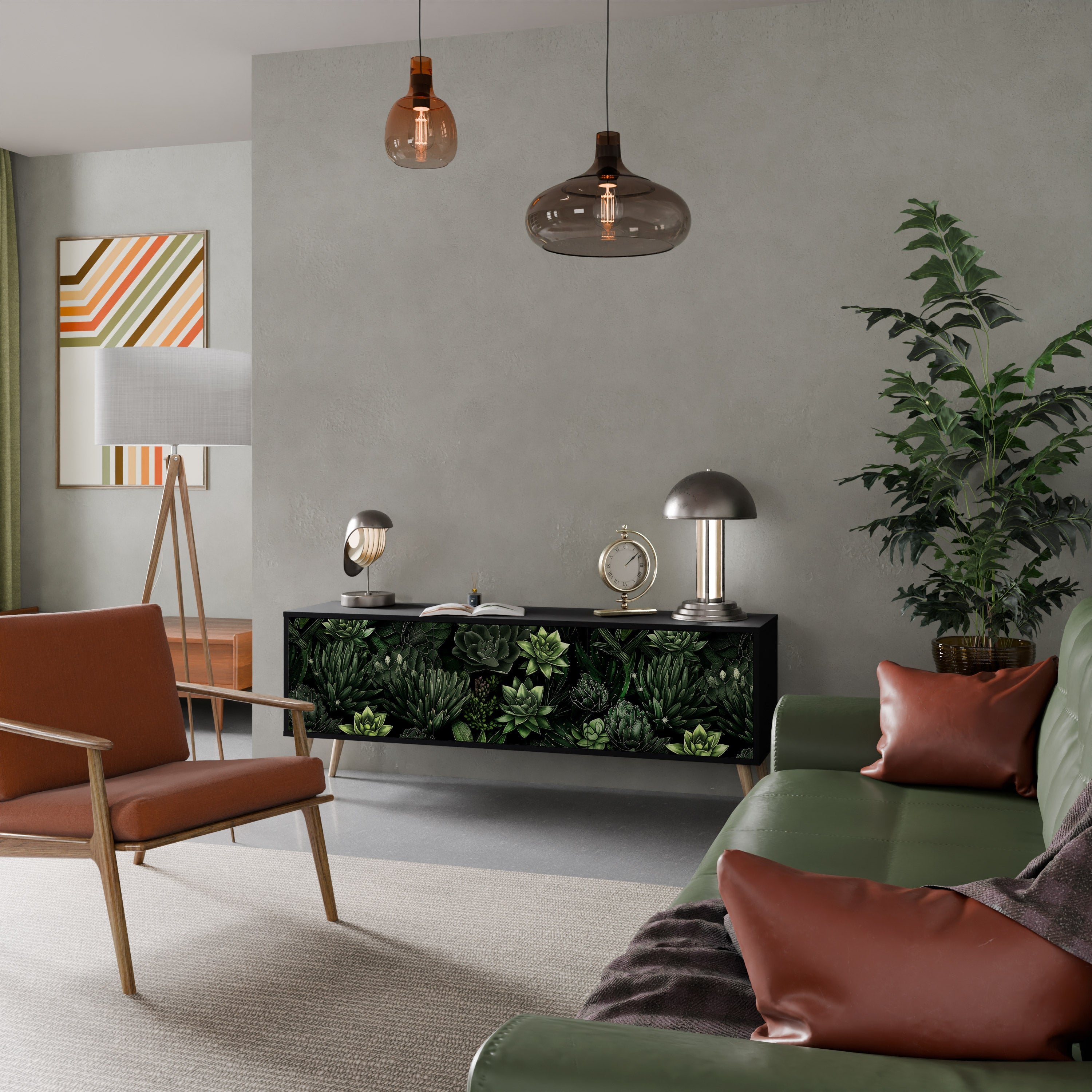 SUCCULENT JUNGLE Móvel de TV com 3 Portas em Acabamento Preto