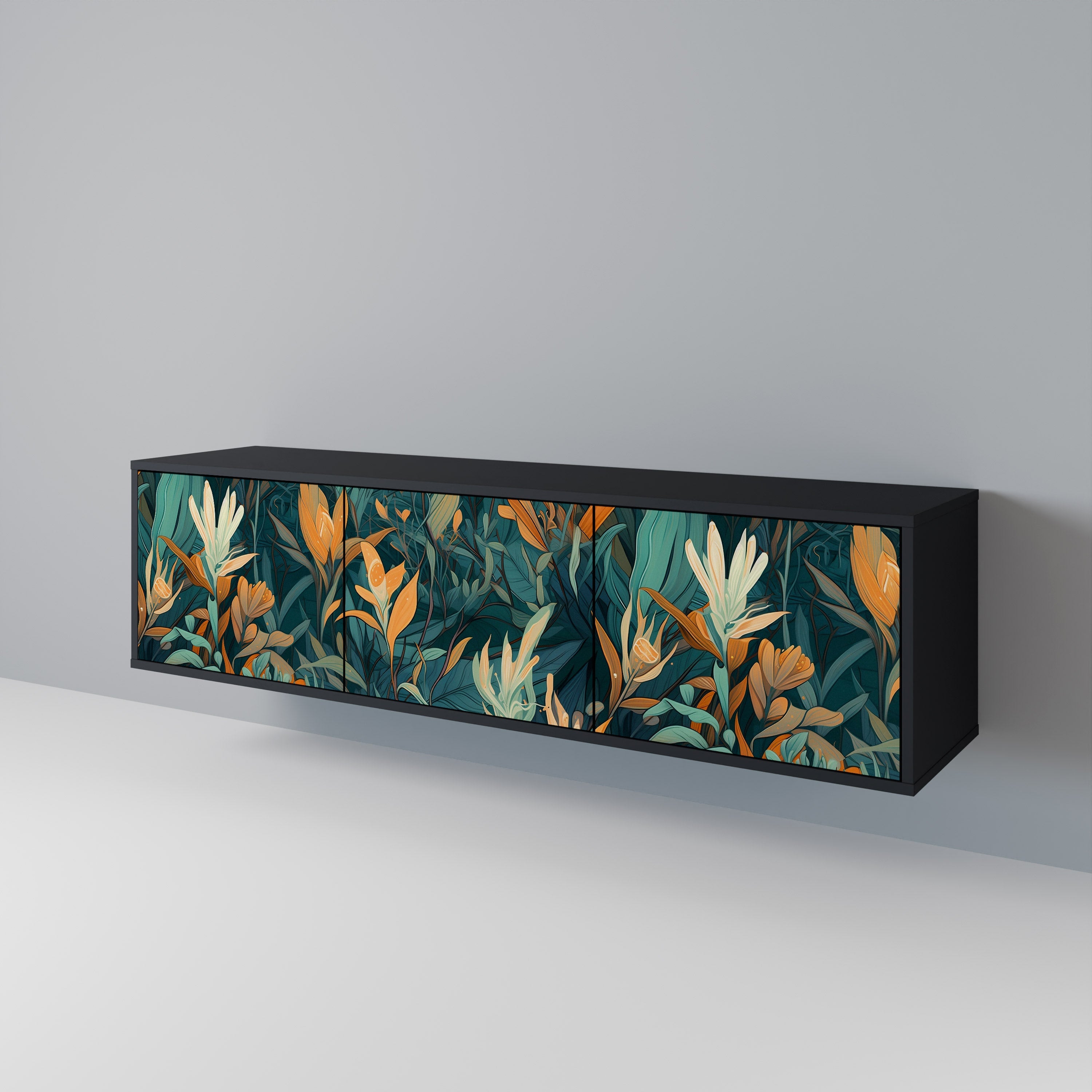 FLORAL SERENITY Móvel de TV com 3 Portas em Acabamento Preto