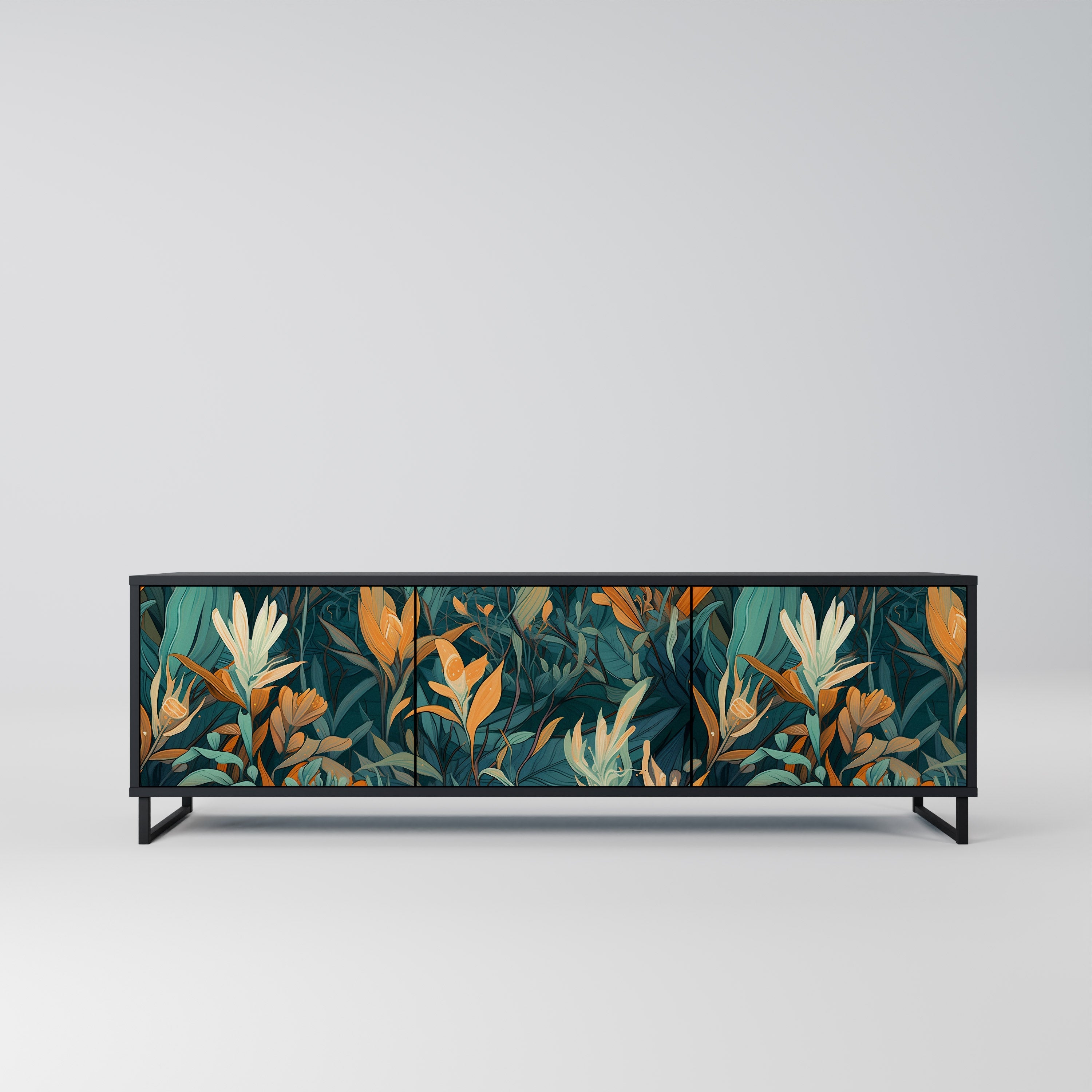 FLORAL SERENITY Móvel de TV com 3 Portas em Acabamento Preto