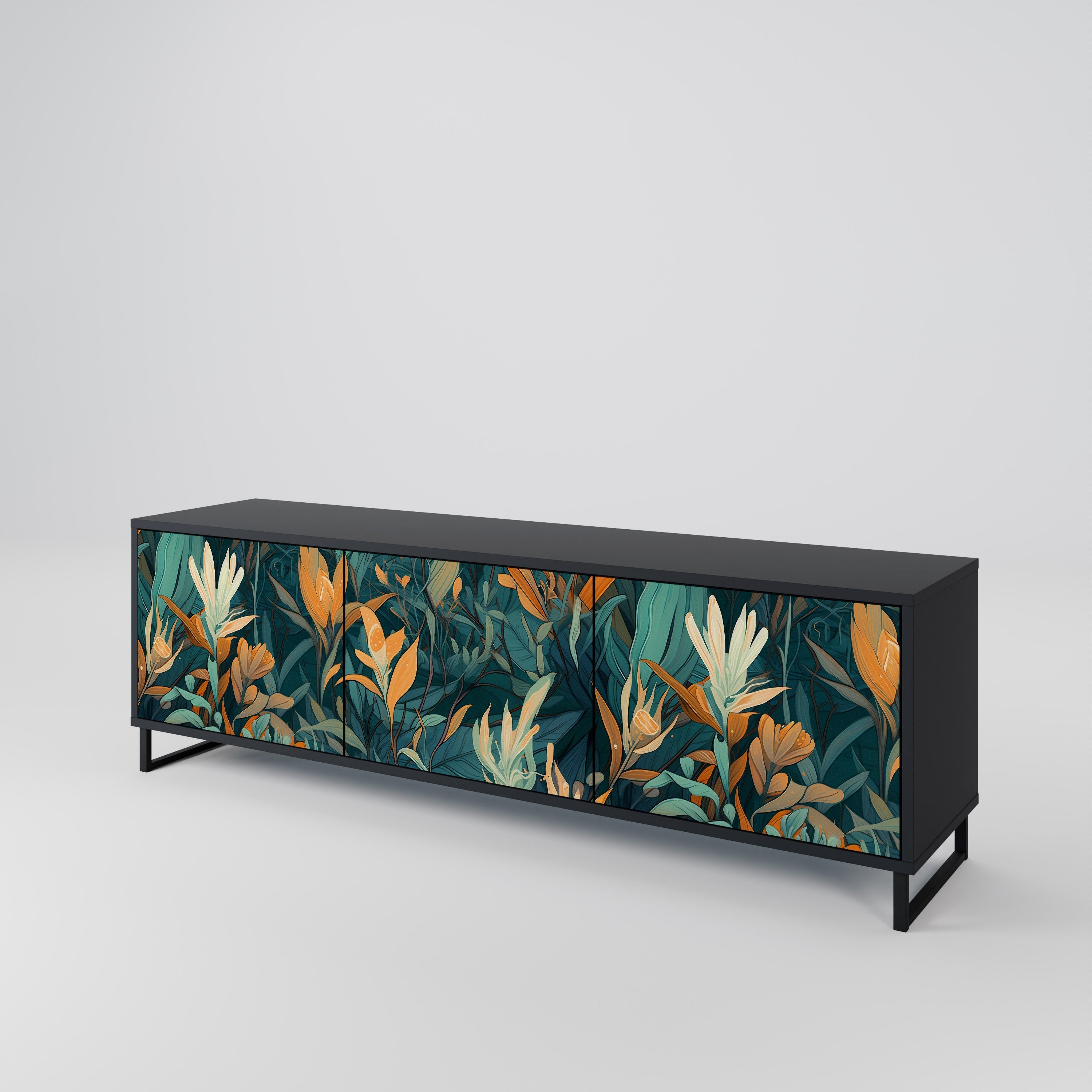 FLORAL SERENITY Móvel de TV com 3 Portas em Acabamento Preto