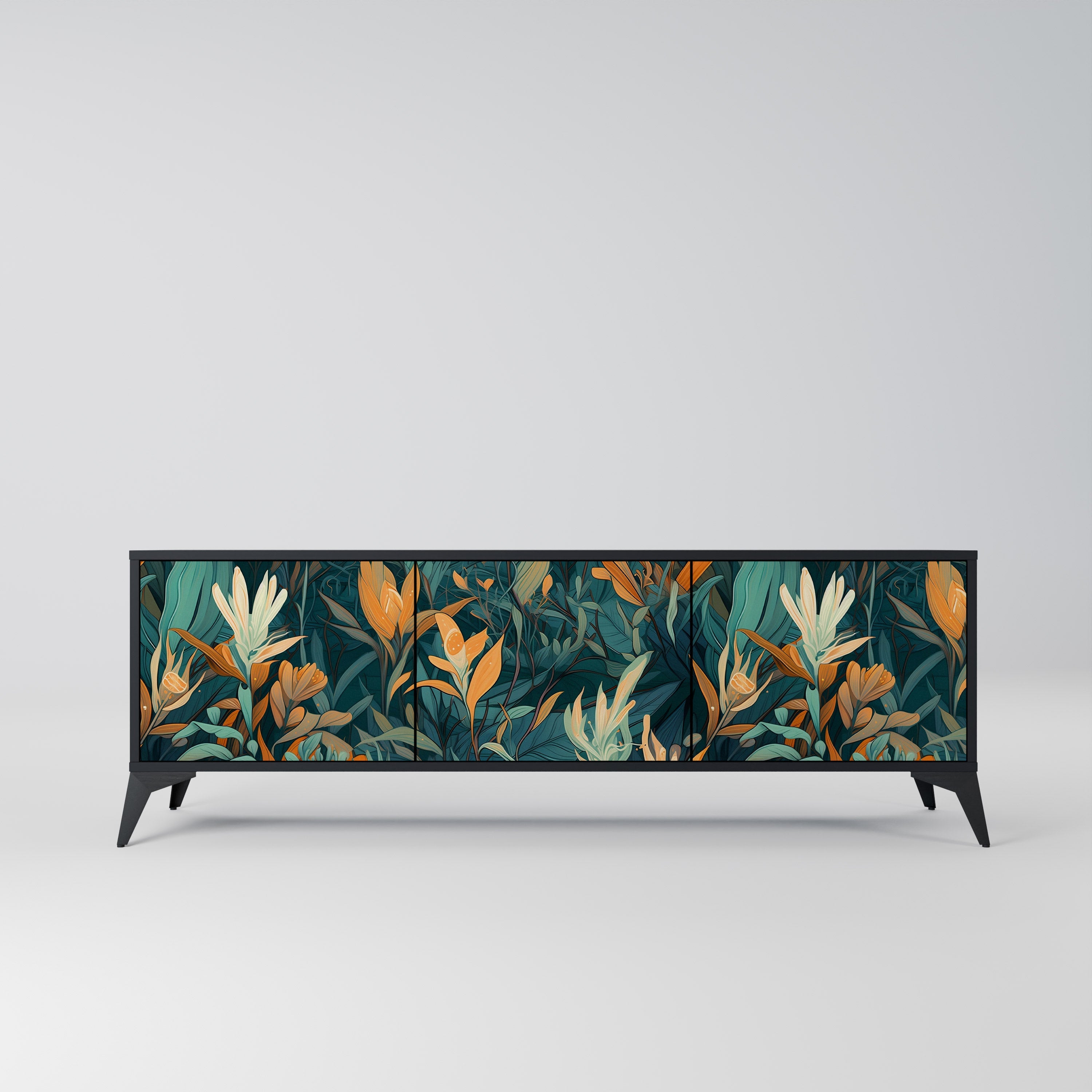 FLORAL SERENITY Móvel de TV com 3 Portas em Acabamento Preto