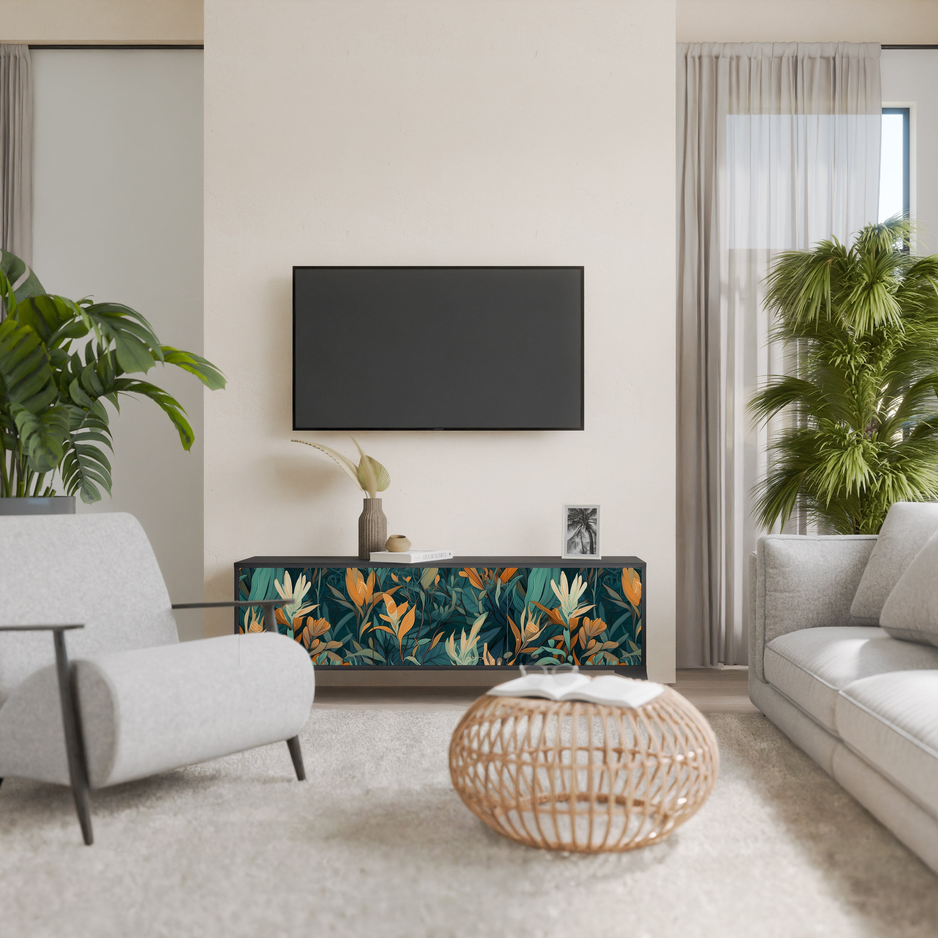 FLORAL SERENITY Móvel de TV com 3 Portas em Acabamento Preto