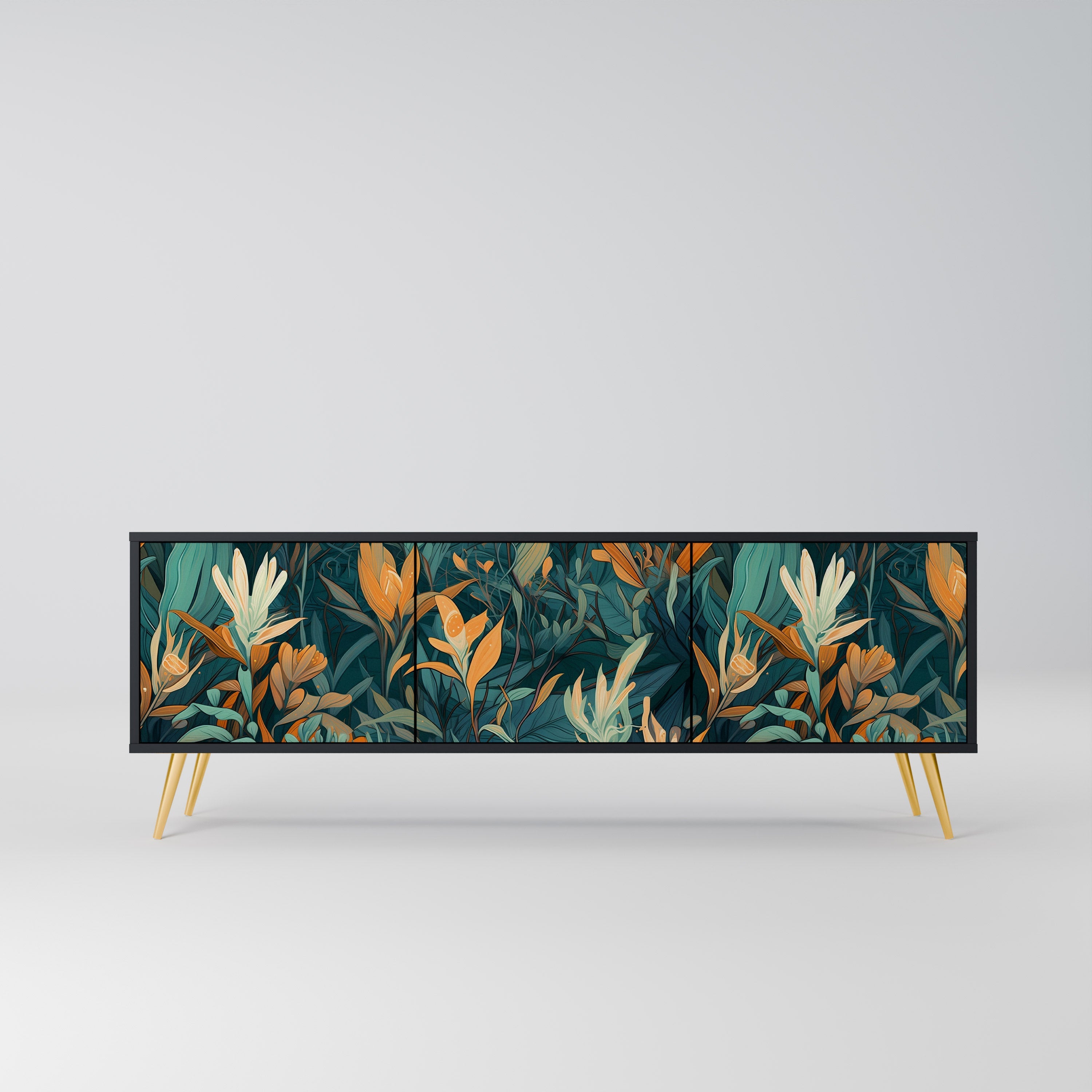 FLORAL SERENITY Móvel de TV com 3 Portas em Acabamento Preto