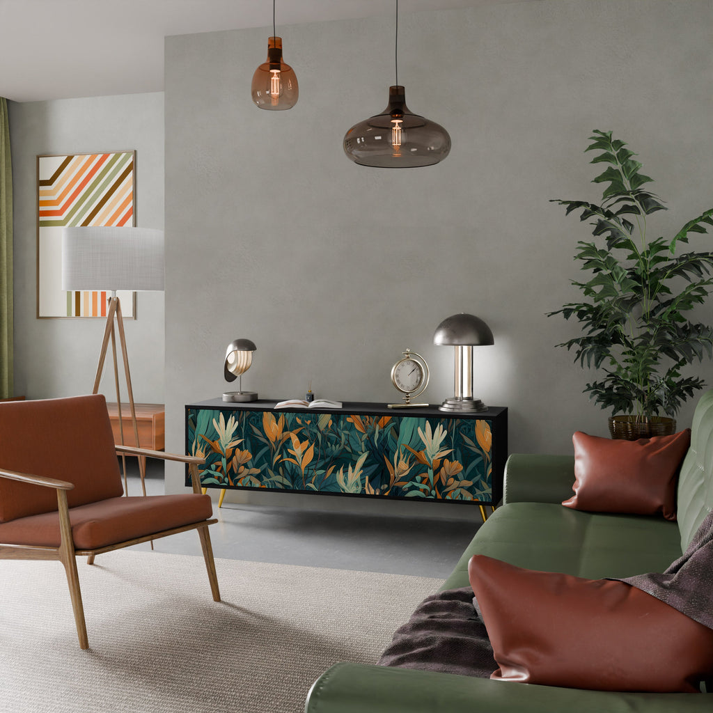 FLORAL SERENITY Móvel de TV com 3 Portas em Acabamento Preto