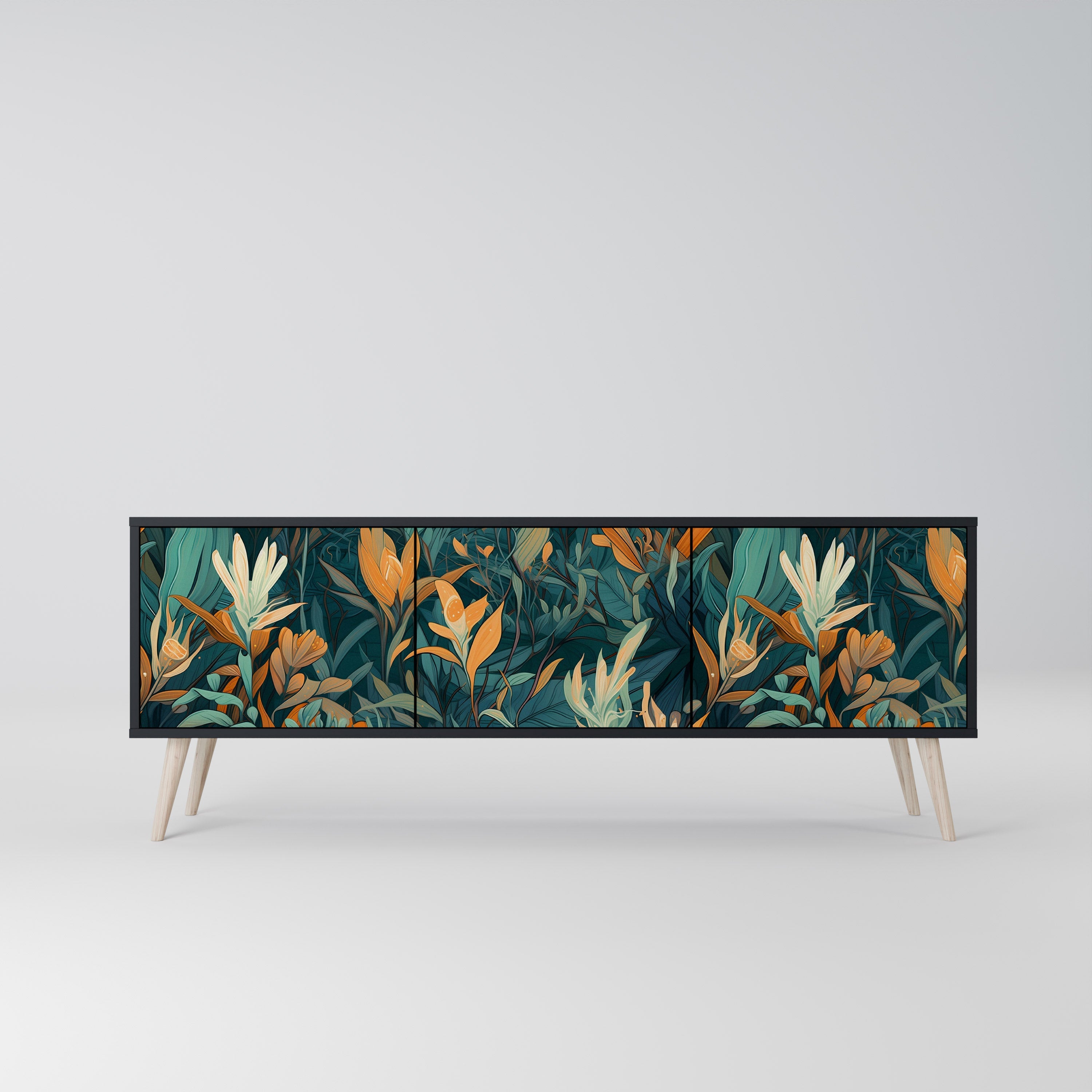 FLORAL SERENITY Móvel de TV com 3 Portas em Acabamento Preto