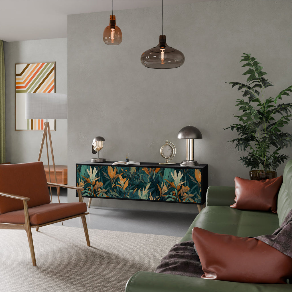 FLORAL SERENITY Móvel de TV com 3 Portas em Acabamento Preto