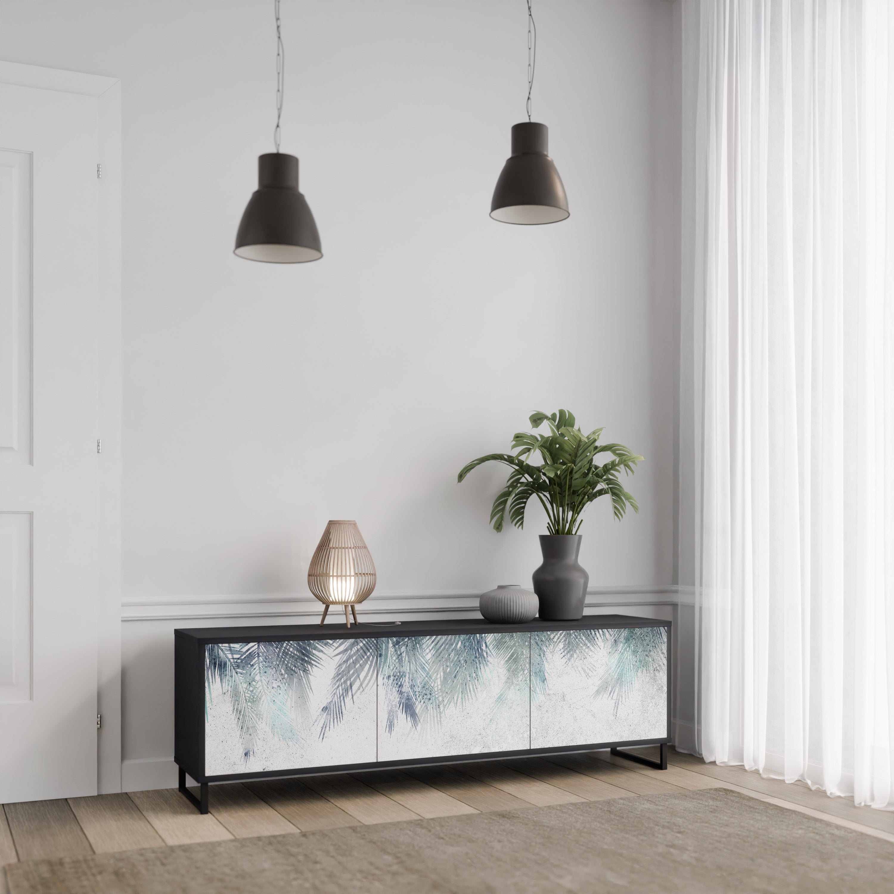 PALM VEIL Móvel de TV com 3 Portas em Acabamento Preto