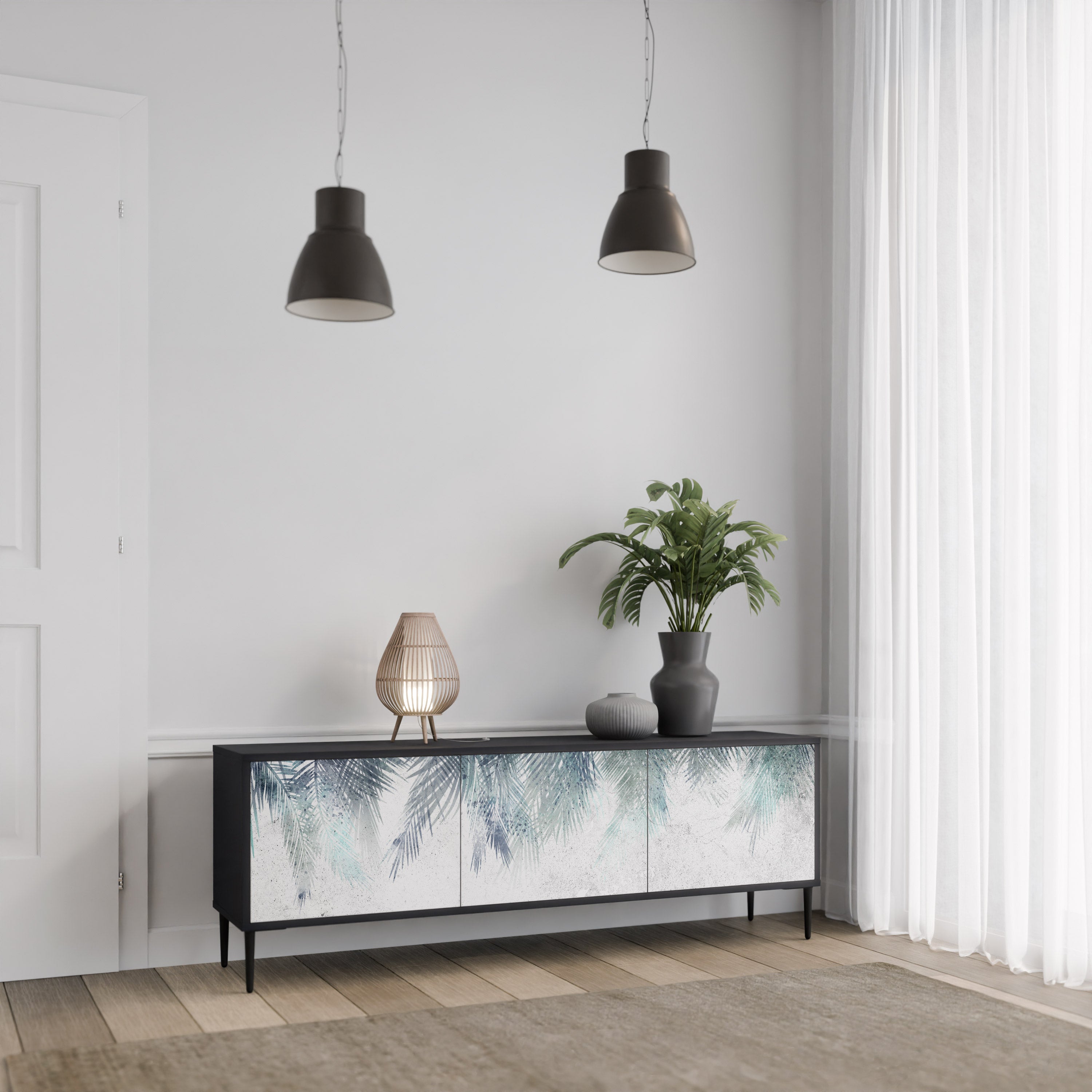 PALM VEIL Móvel de TV com 3 Portas em Acabamento Preto