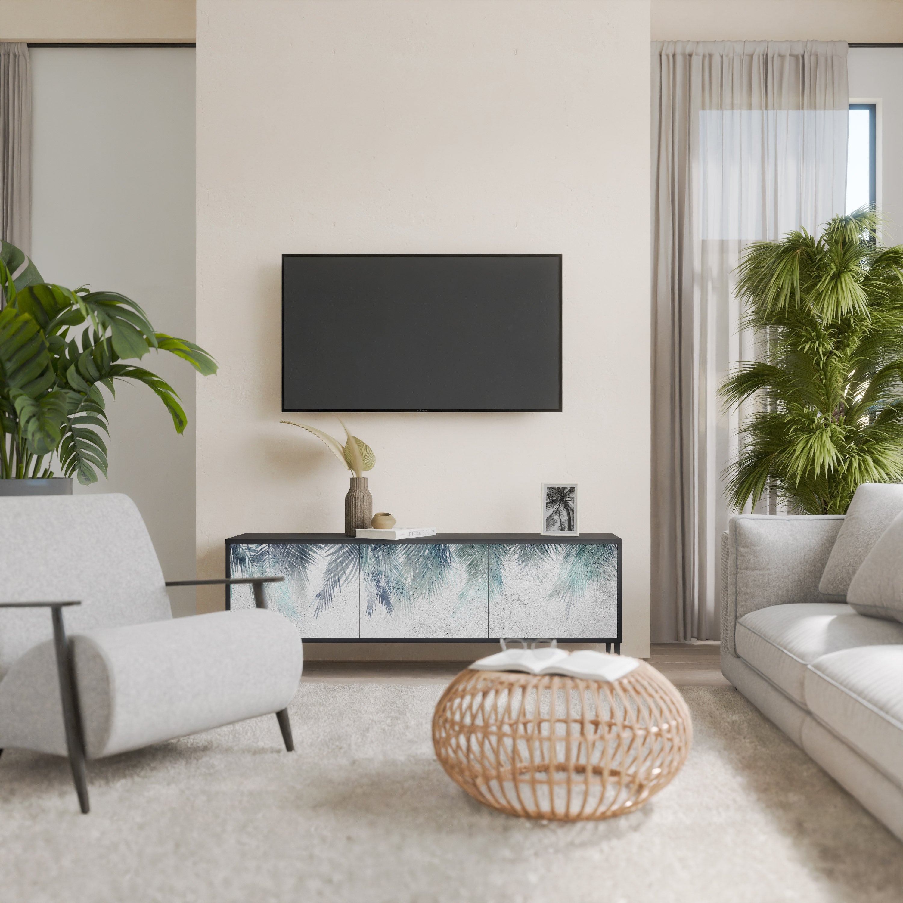 PALM VEIL Móvel de TV com 3 Portas em Acabamento Preto