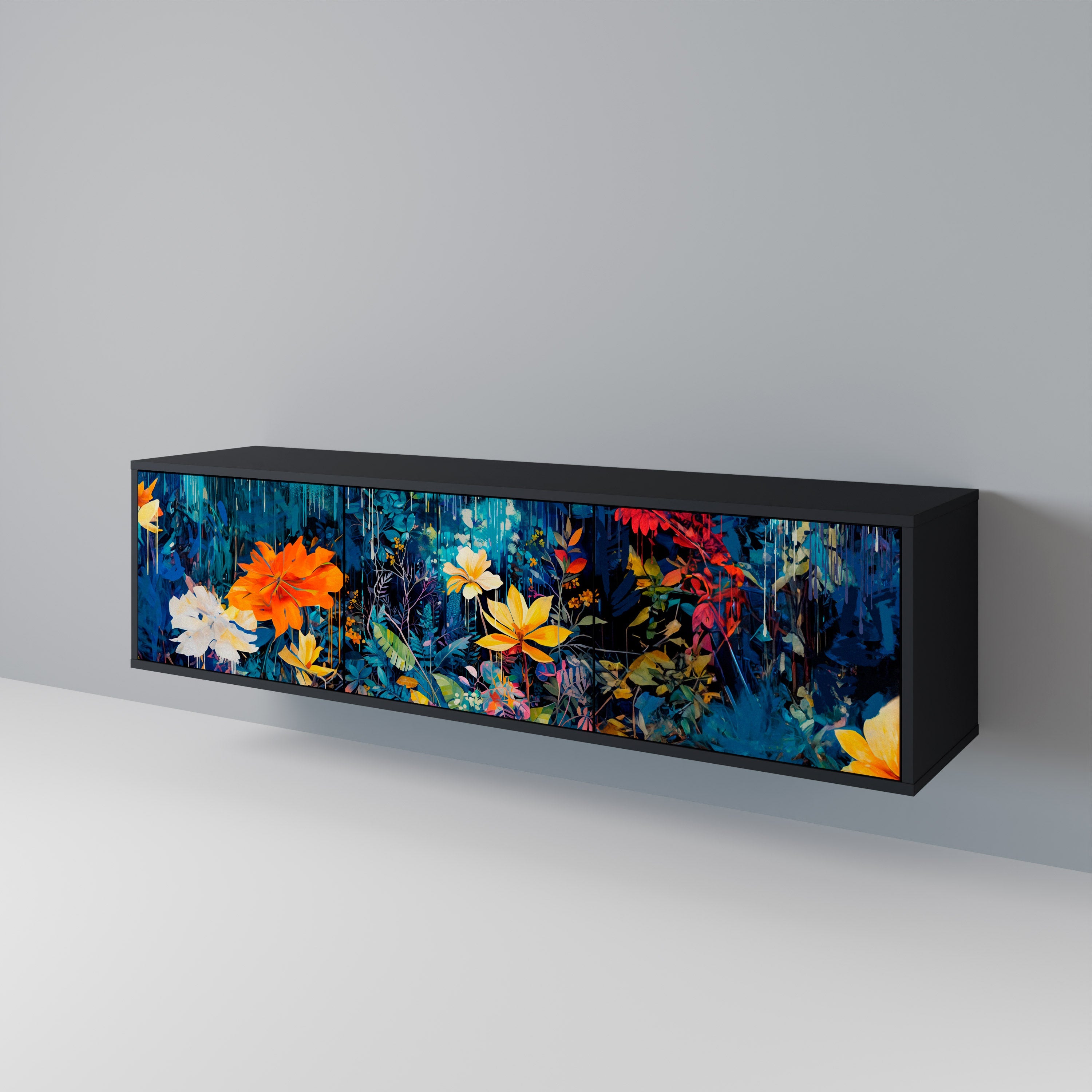 MIDNIGHT BLOSSOM Móvel de TV com 3 Portas em Acabamento Preto