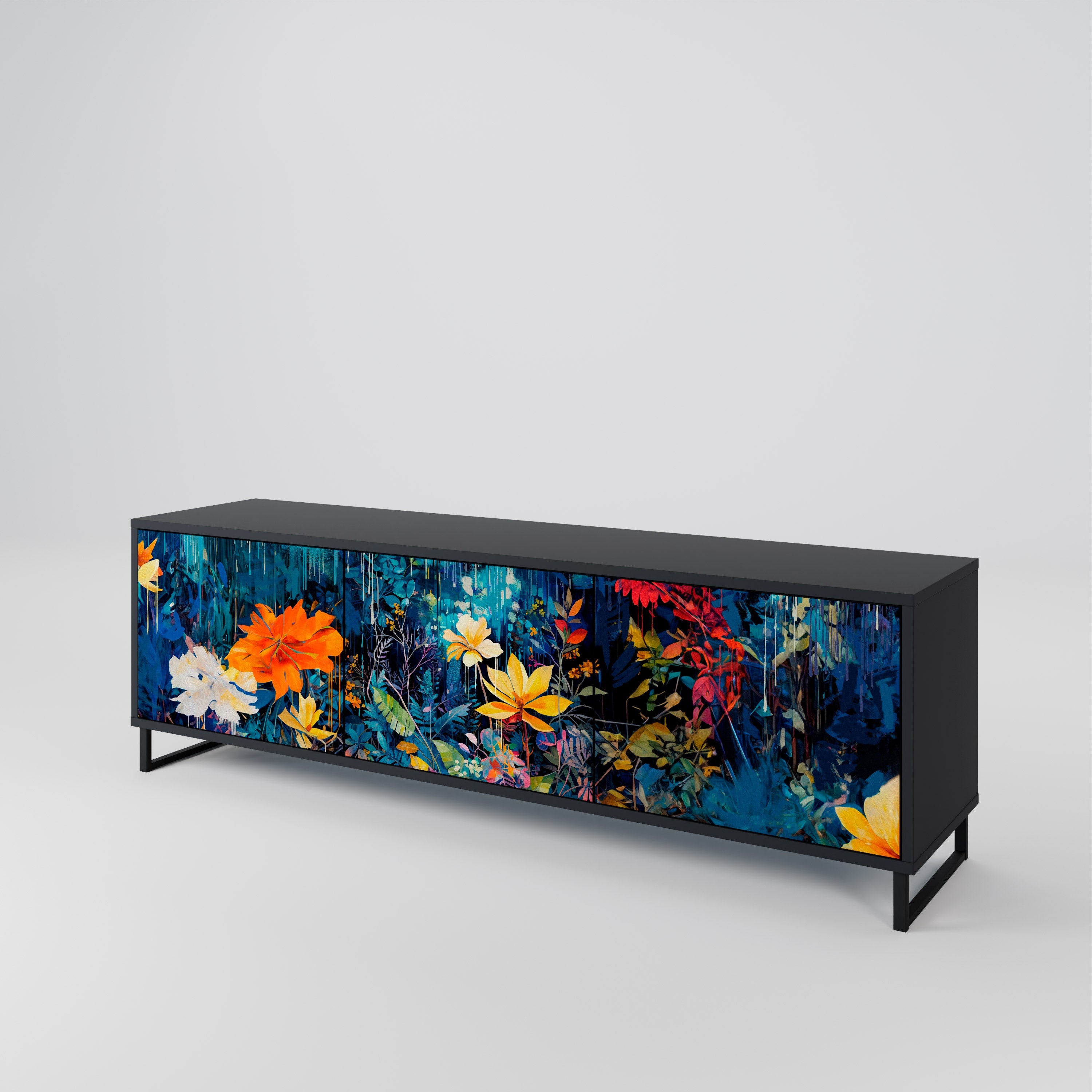 MIDNIGHT BLOSSOM Móvel de TV com 3 Portas em Acabamento Preto