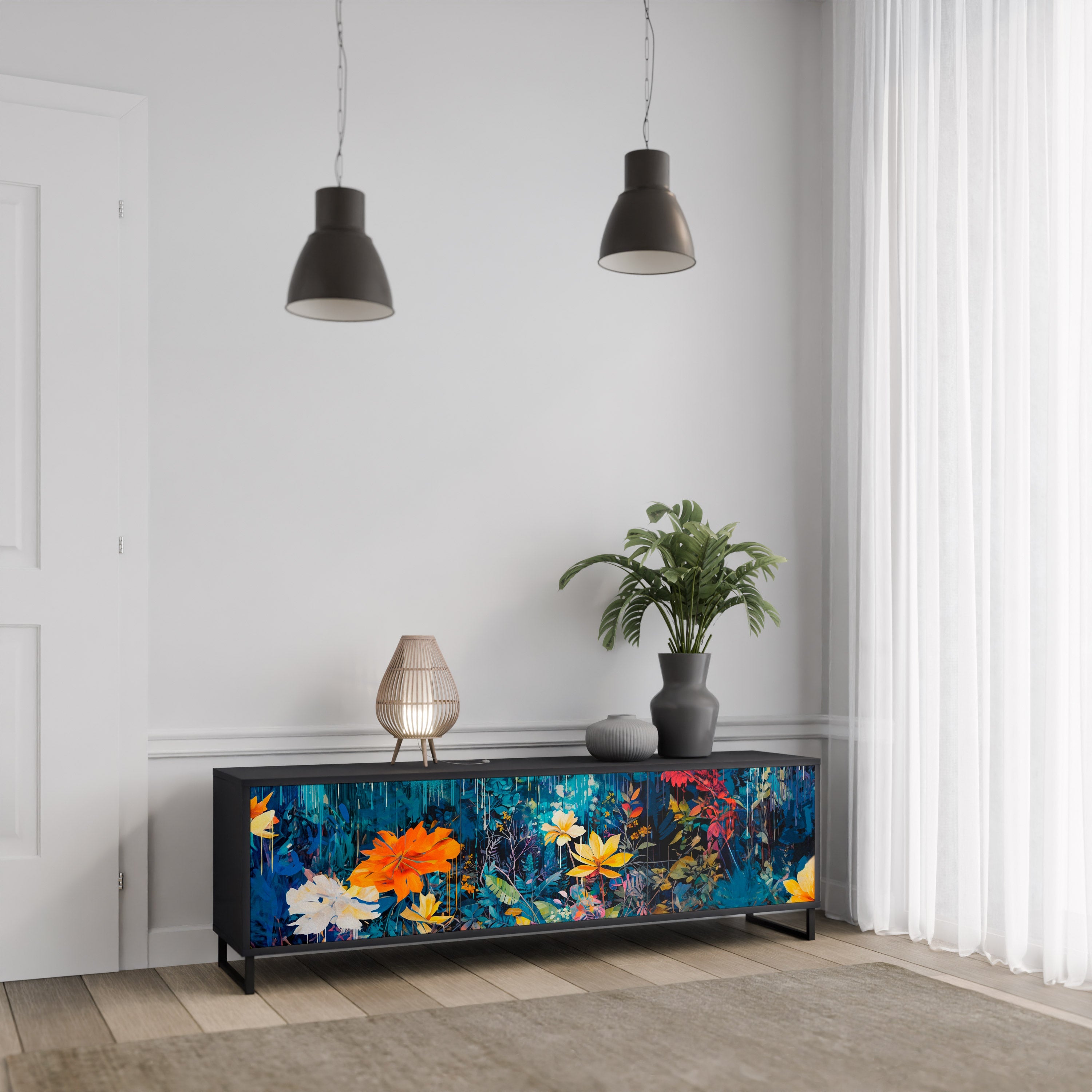 MIDNIGHT BLOSSOM Móvel de TV com 3 Portas em Acabamento Preto