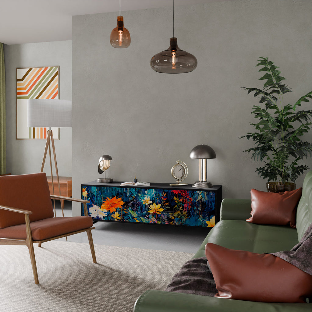 MIDNIGHT BLOSSOM Móvel de TV com 3 Portas em Acabamento Preto