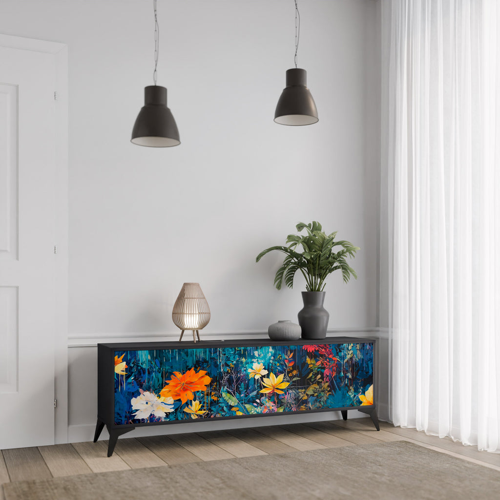 MIDNIGHT BLOSSOM Móvel de TV com 3 Portas em Acabamento Preto