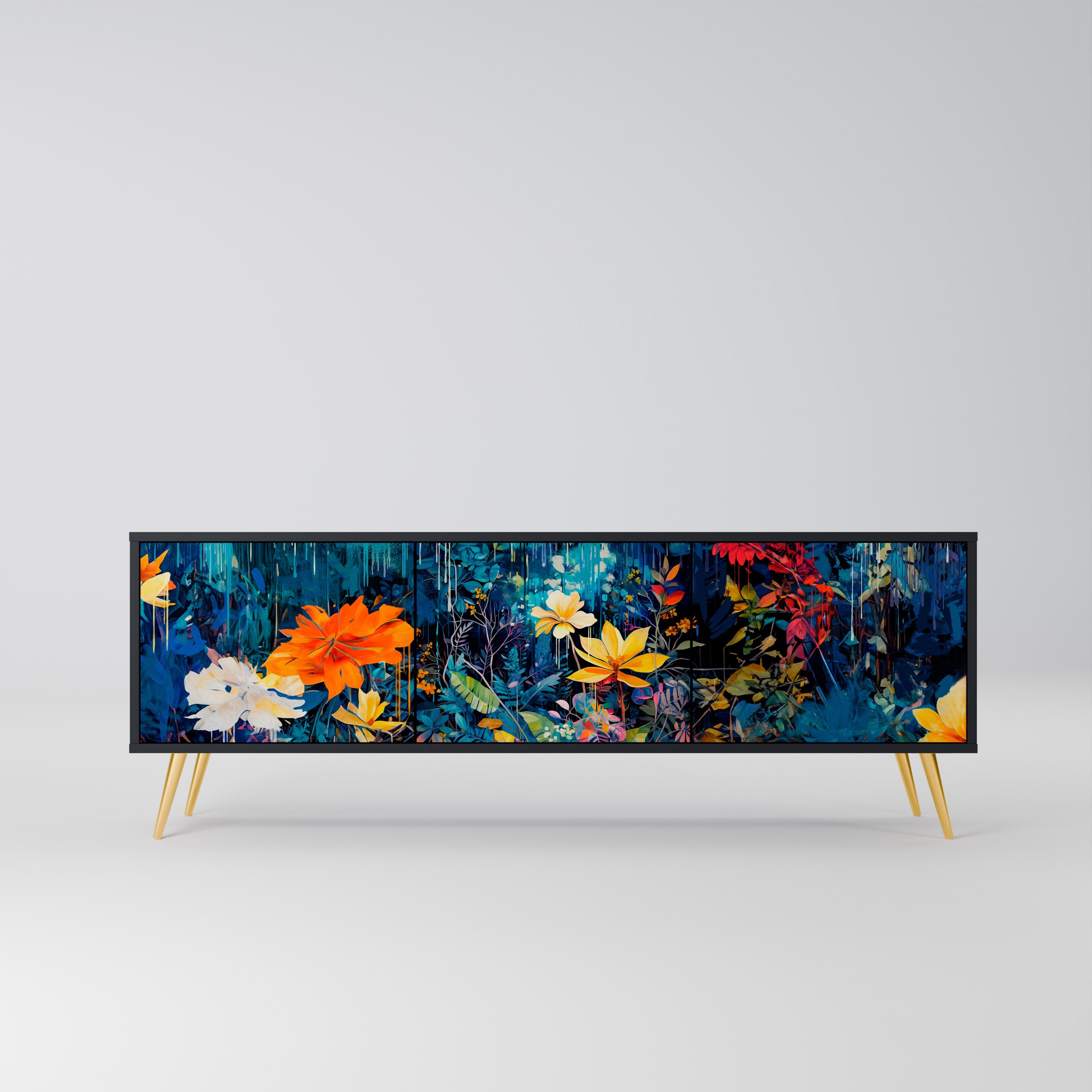 MIDNIGHT BLOSSOM Móvel de TV com 3 Portas em Acabamento Preto