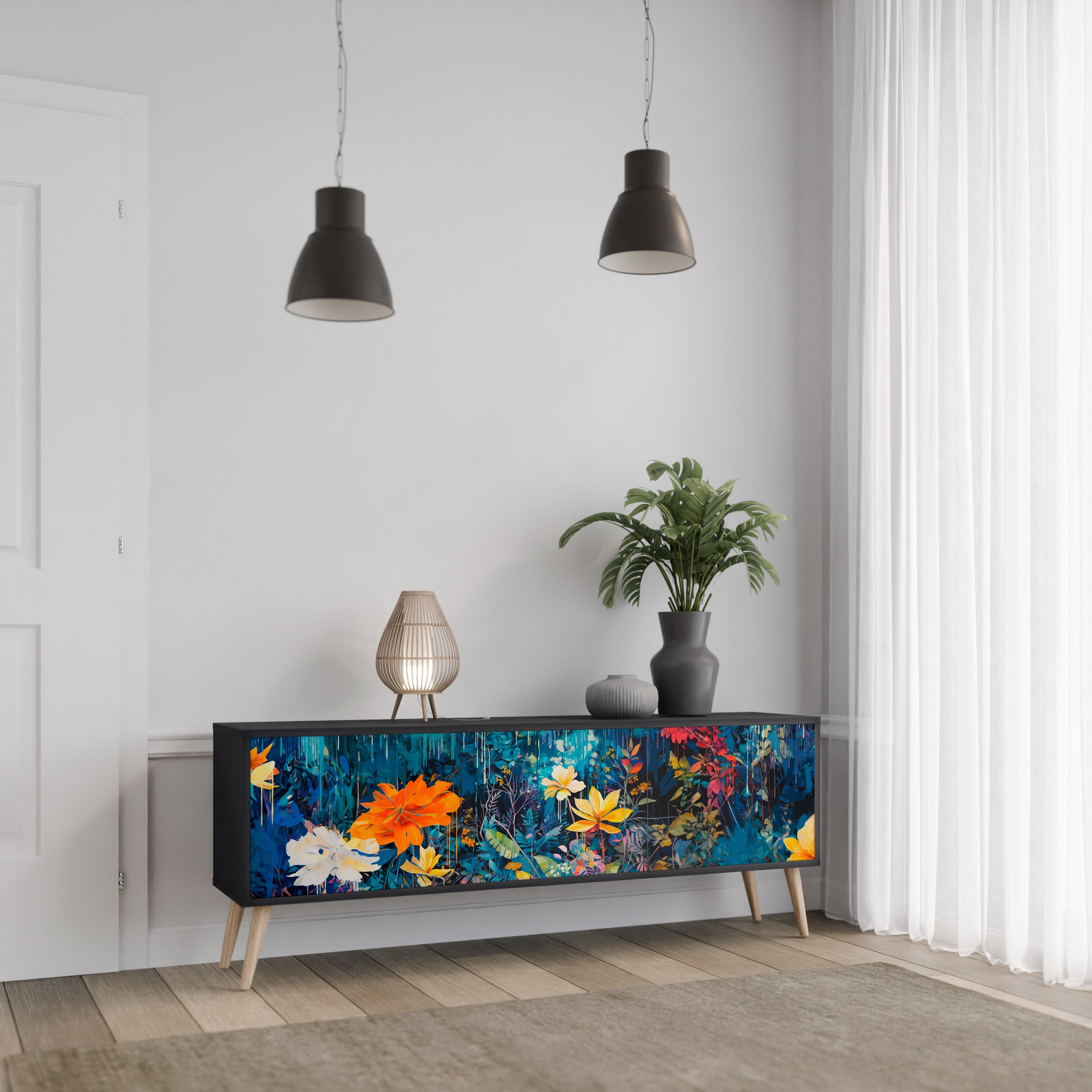 MIDNIGHT BLOSSOM Móvel de TV com 3 Portas em Acabamento Preto