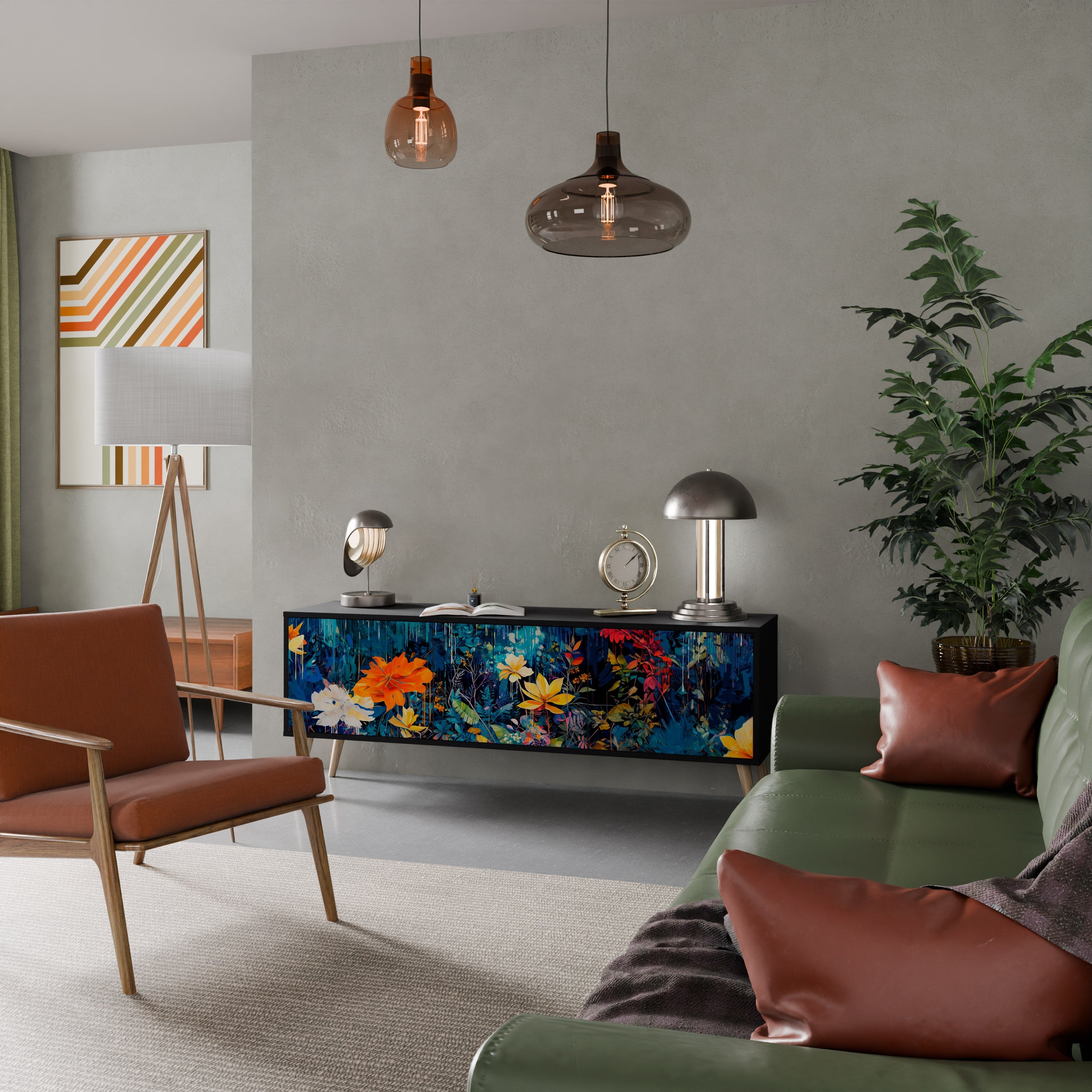 MIDNIGHT BLOSSOM Móvel de TV com 3 Portas em Acabamento Preto