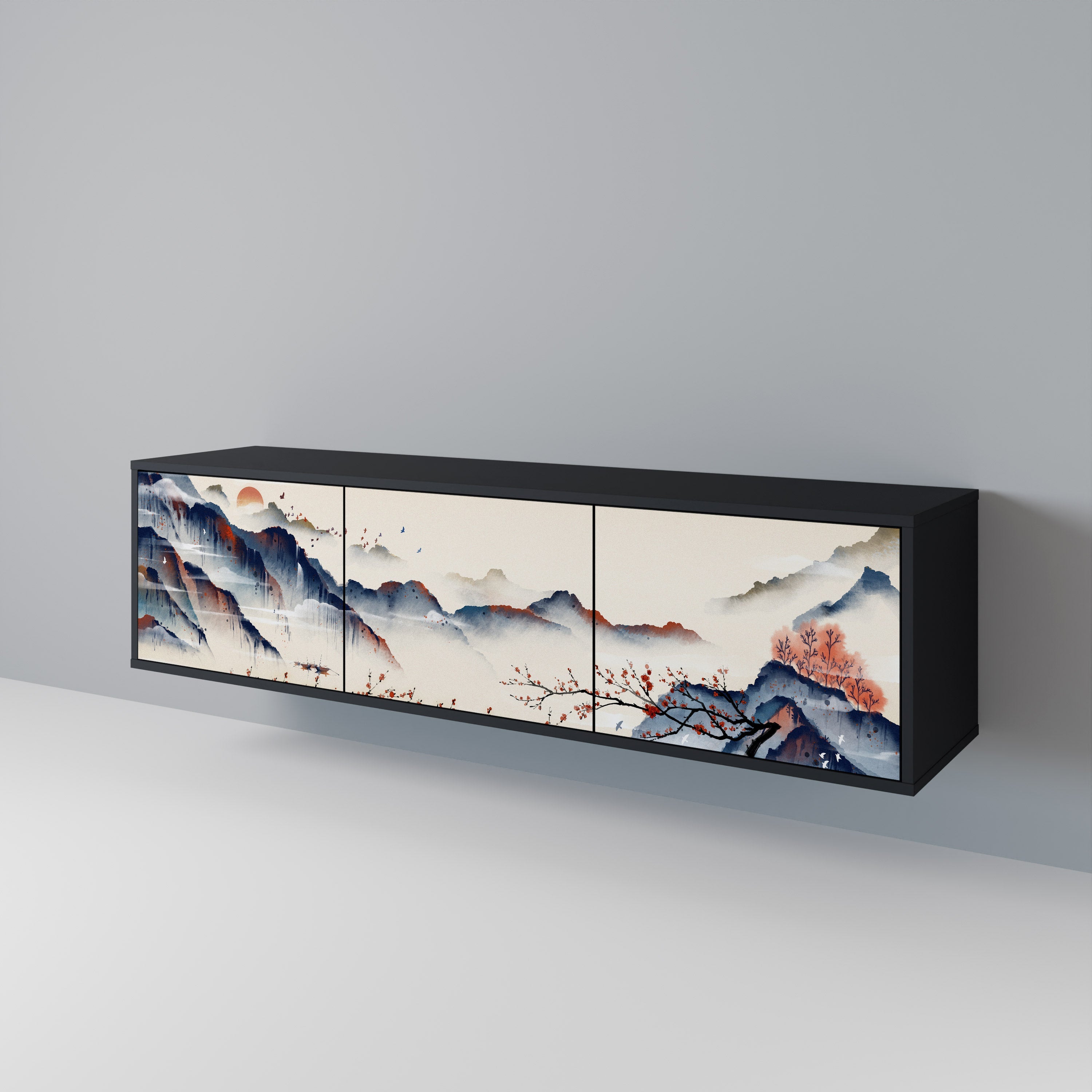 JAPANESE LANDSCAPE Móvel de TV com 3 Portas em Acabamento Preto