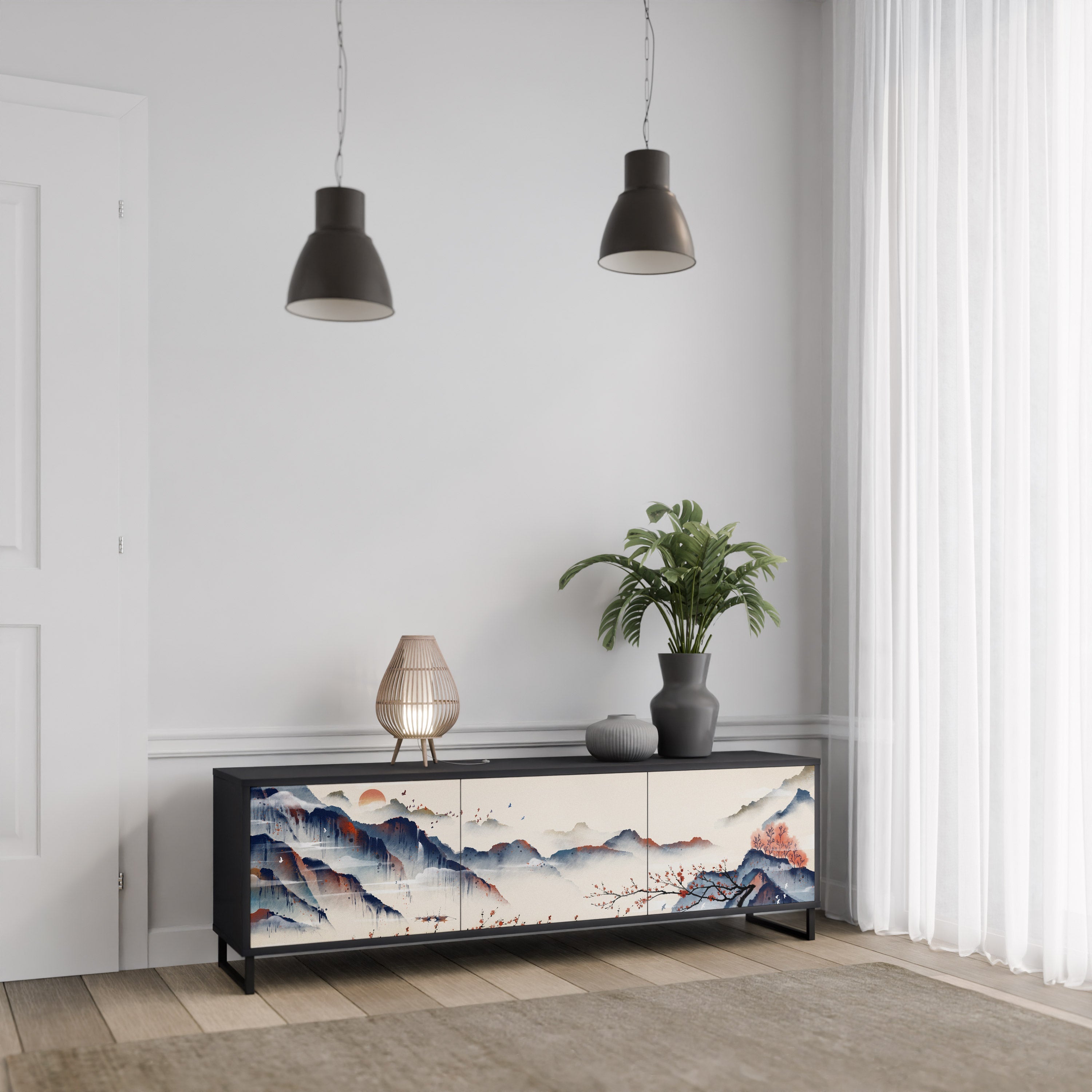 JAPANESE LANDSCAPE Móvel de TV com 3 Portas em Acabamento Preto