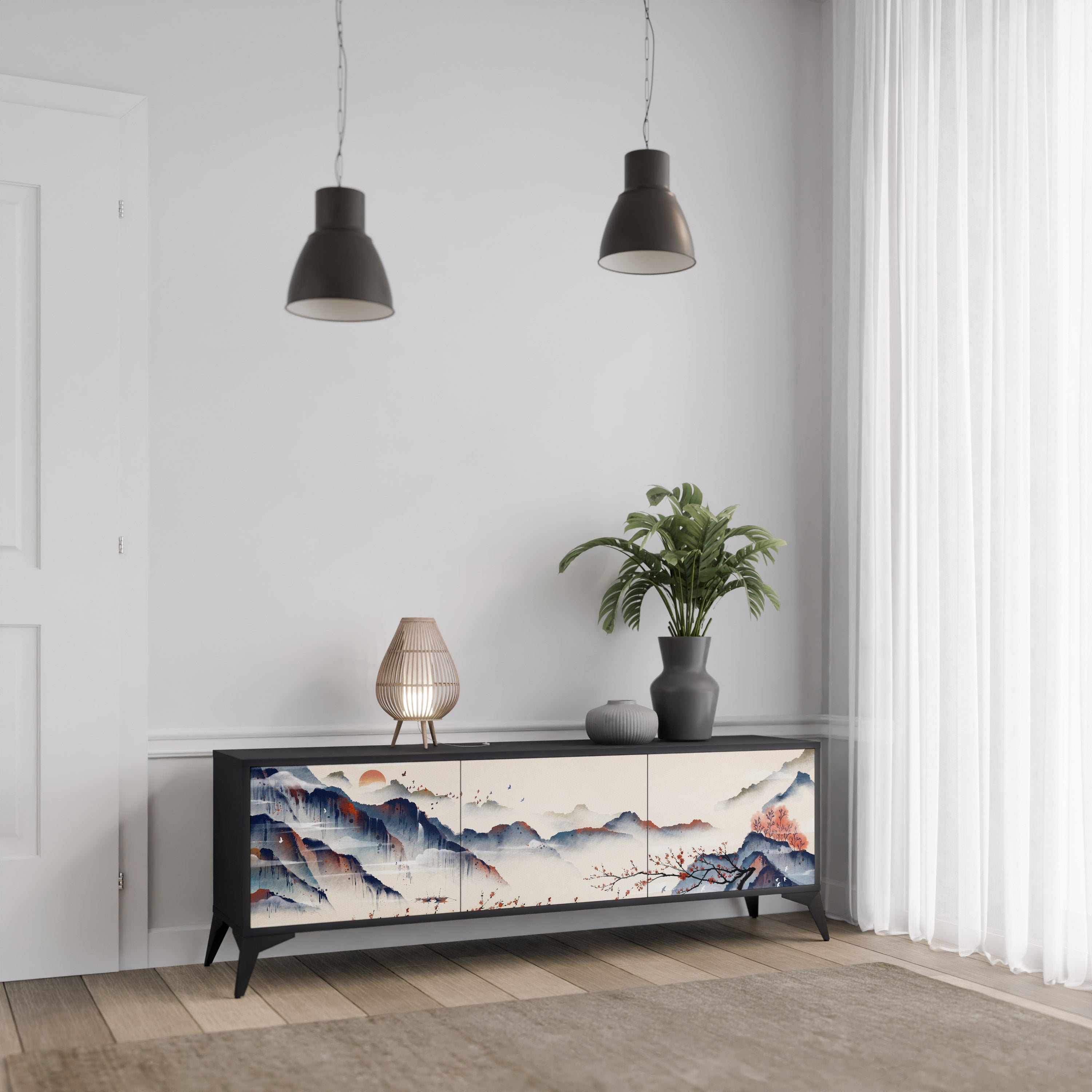 JAPANESE LANDSCAPE Móvel de TV com 3 Portas em Acabamento Preto