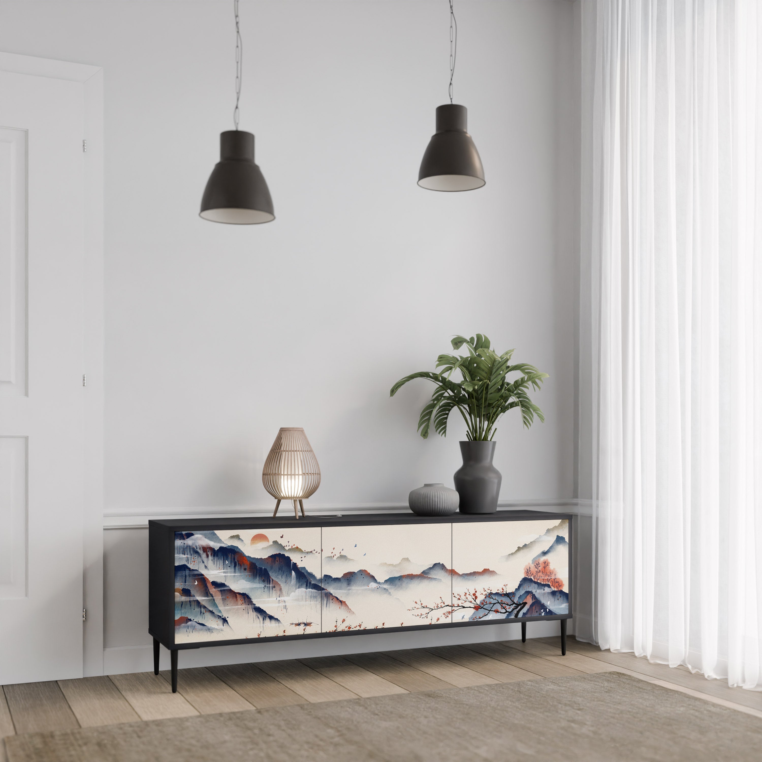 JAPANESE LANDSCAPE Móvel de TV com 3 Portas em Acabamento Preto