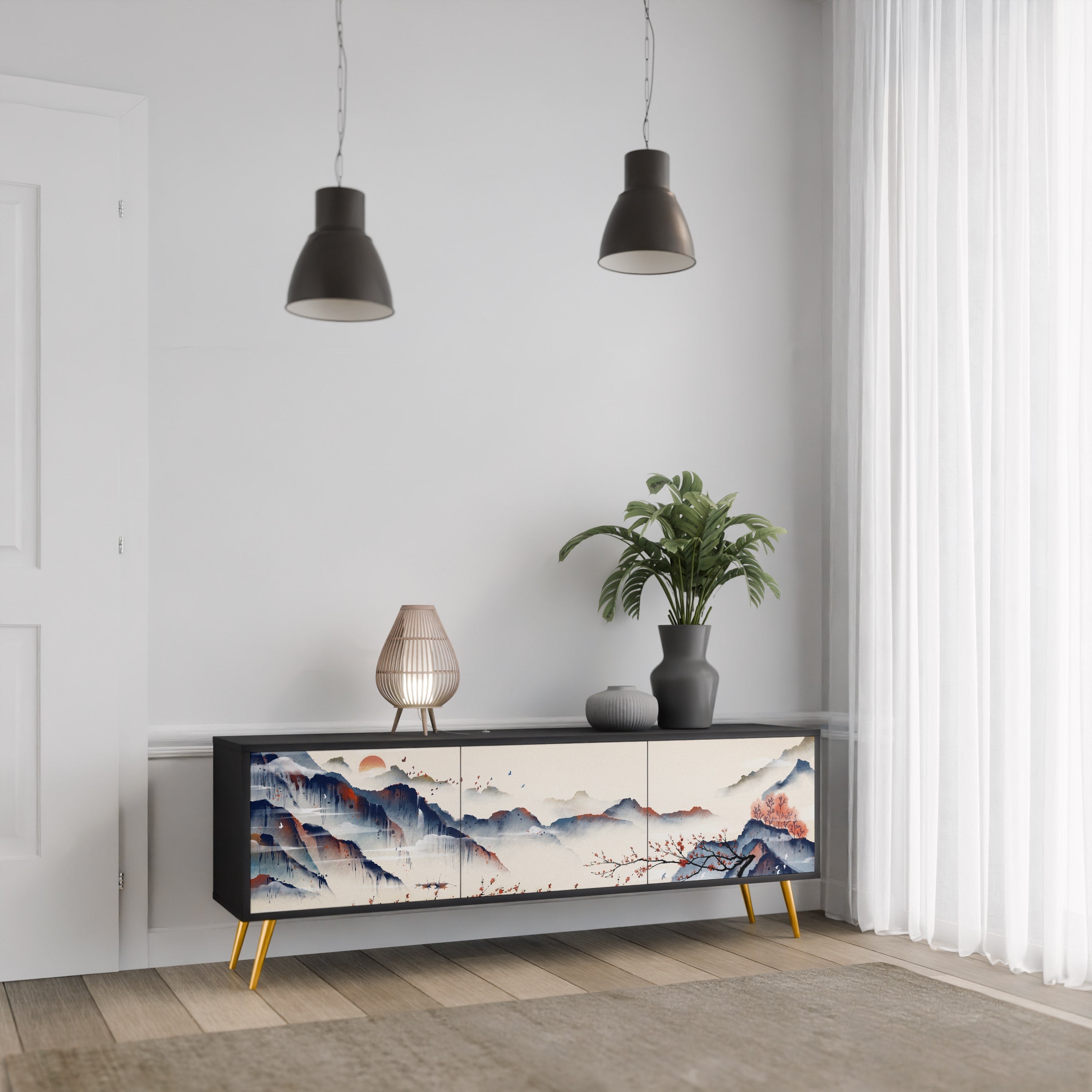 JAPANESE LANDSCAPE Móvel de TV com 3 Portas em Acabamento Preto
