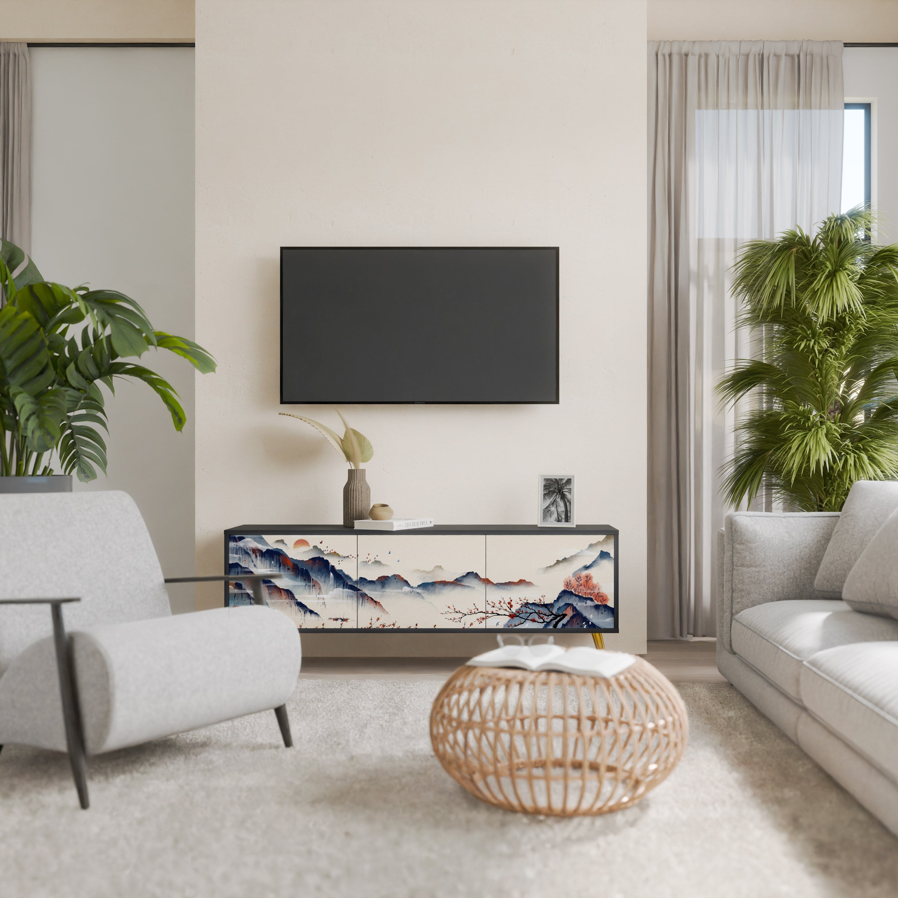 JAPANESE LANDSCAPE Móvel de TV com 3 Portas em Acabamento Preto