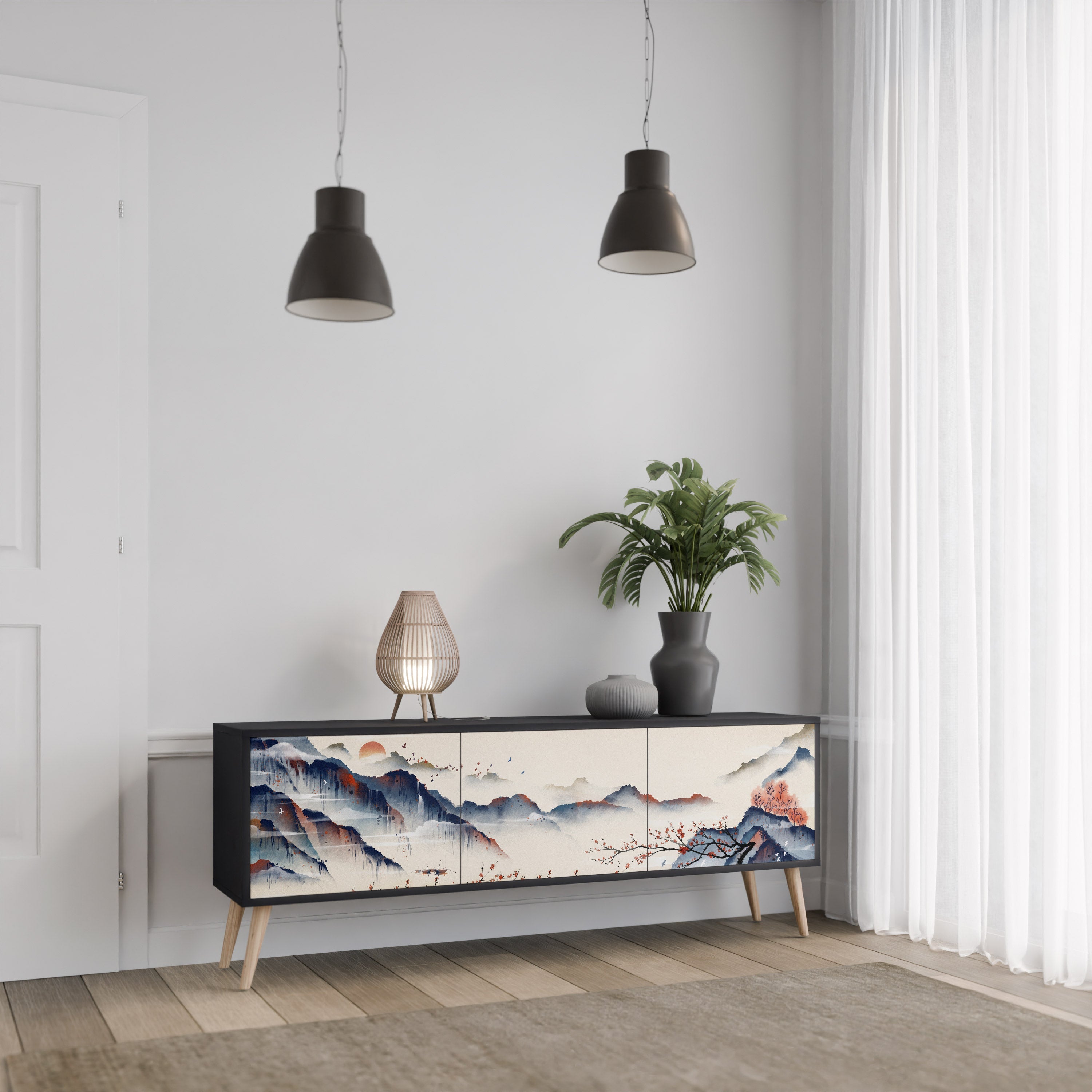 JAPANESE LANDSCAPE Móvel de TV com 3 Portas em Acabamento Preto