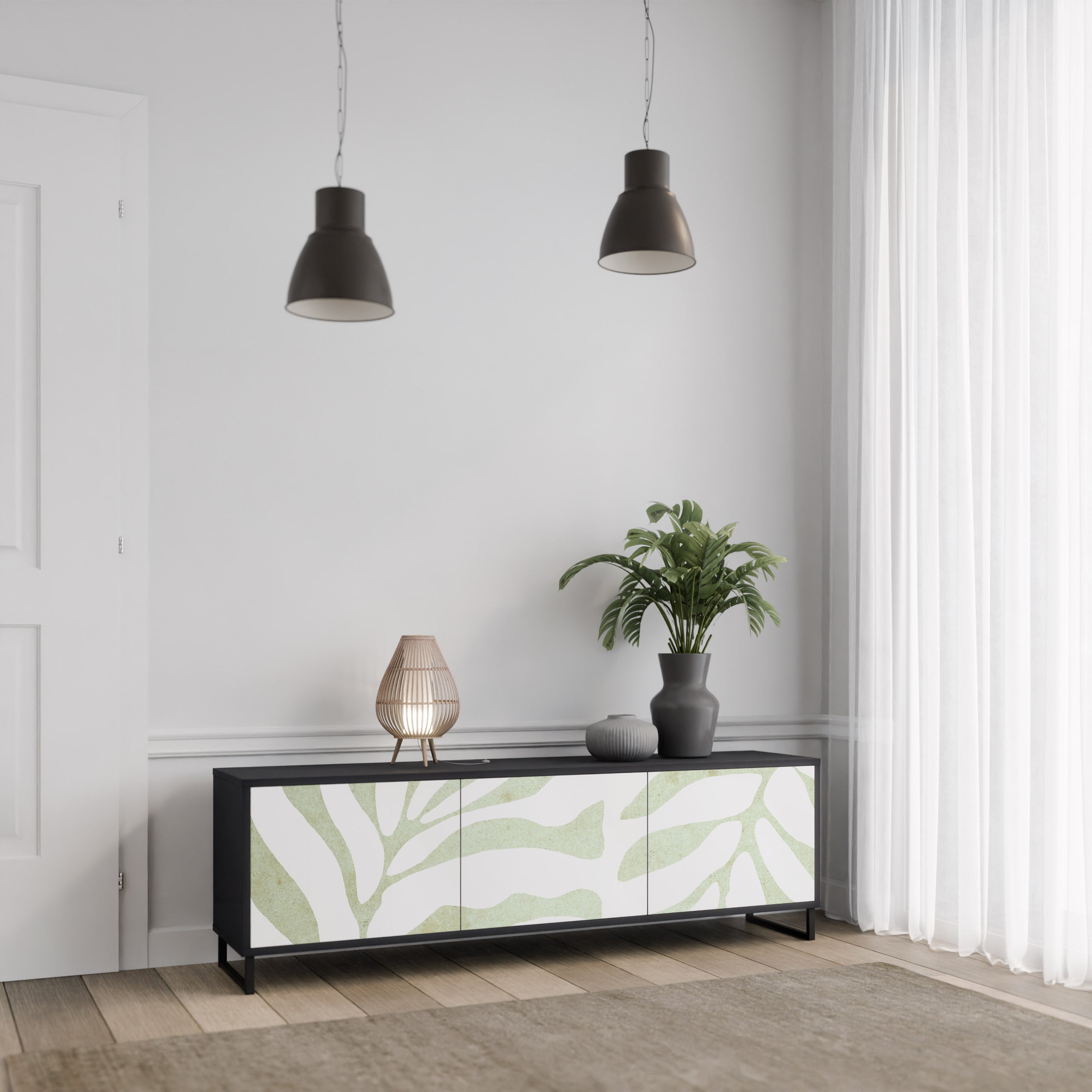 BOTANICAL SPARK Móvel de TV com 3 Portas em Acabamento Preto