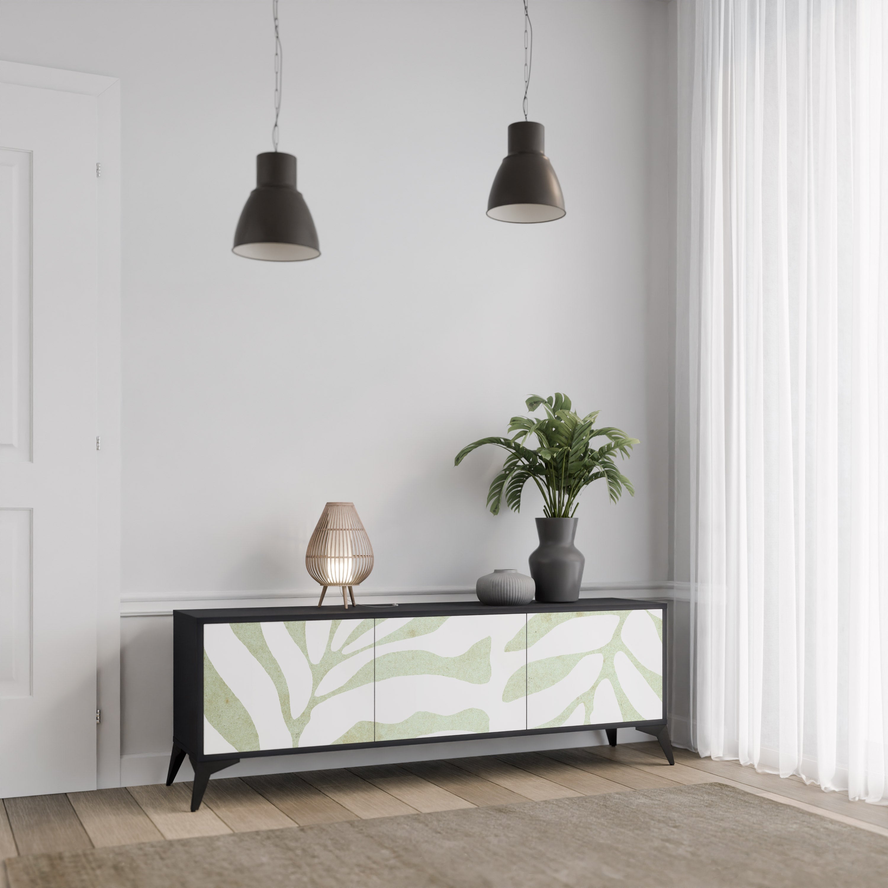 BOTANICAL SPARK Móvel de TV com 3 Portas em Acabamento Preto