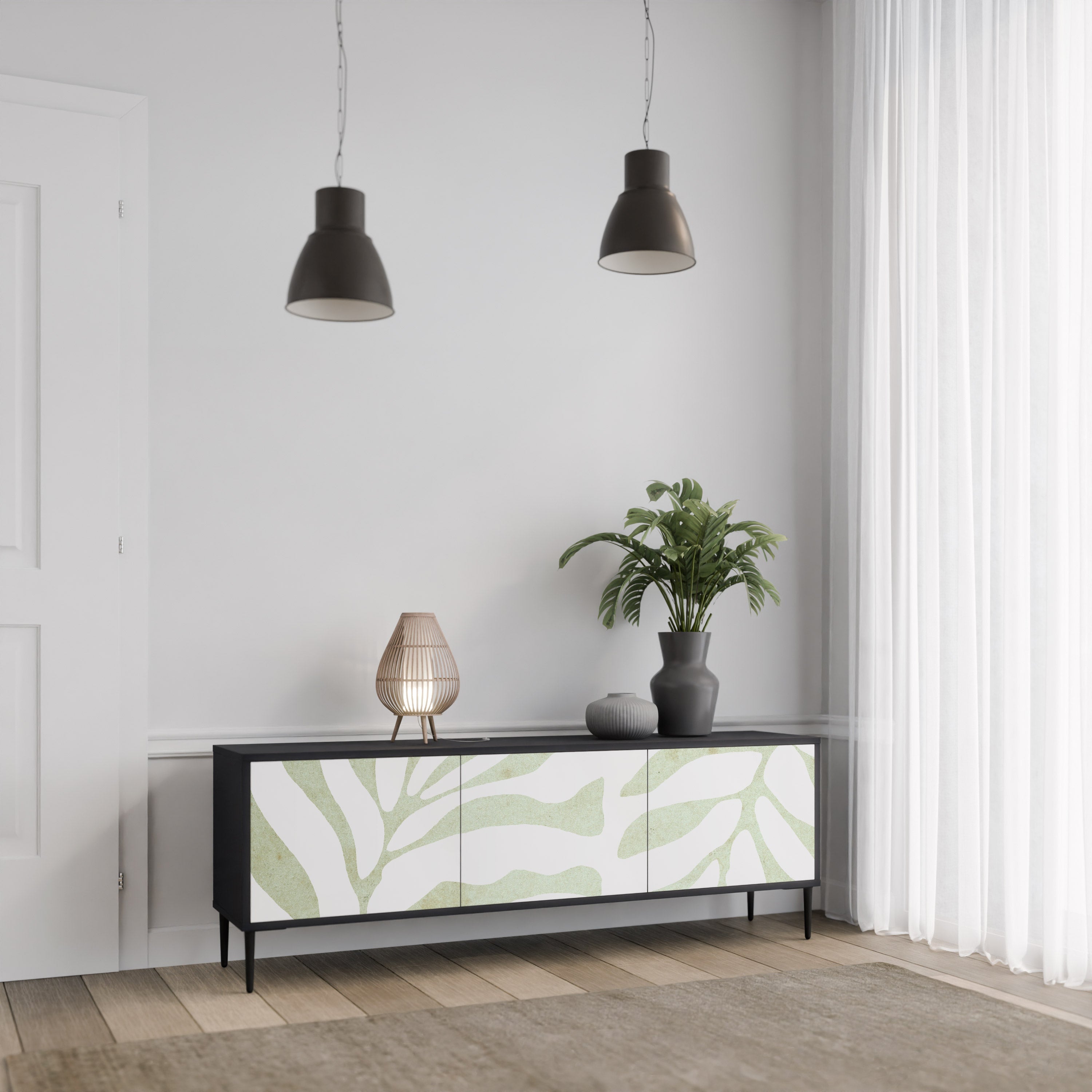 BOTANICAL SPARK Móvel de TV com 3 Portas em Acabamento Preto