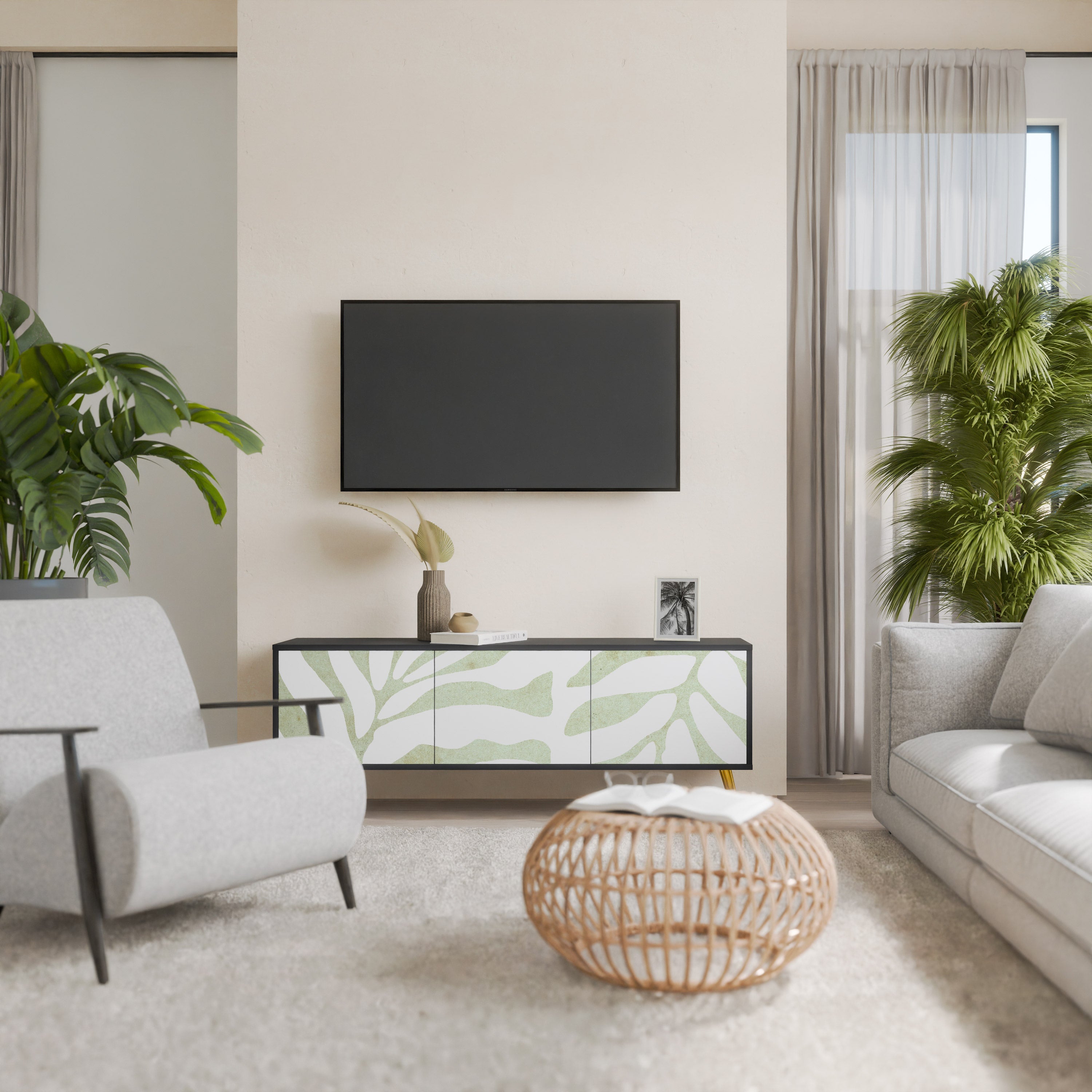 BOTANICAL SPARK Móvel de TV com 3 Portas em Acabamento Preto