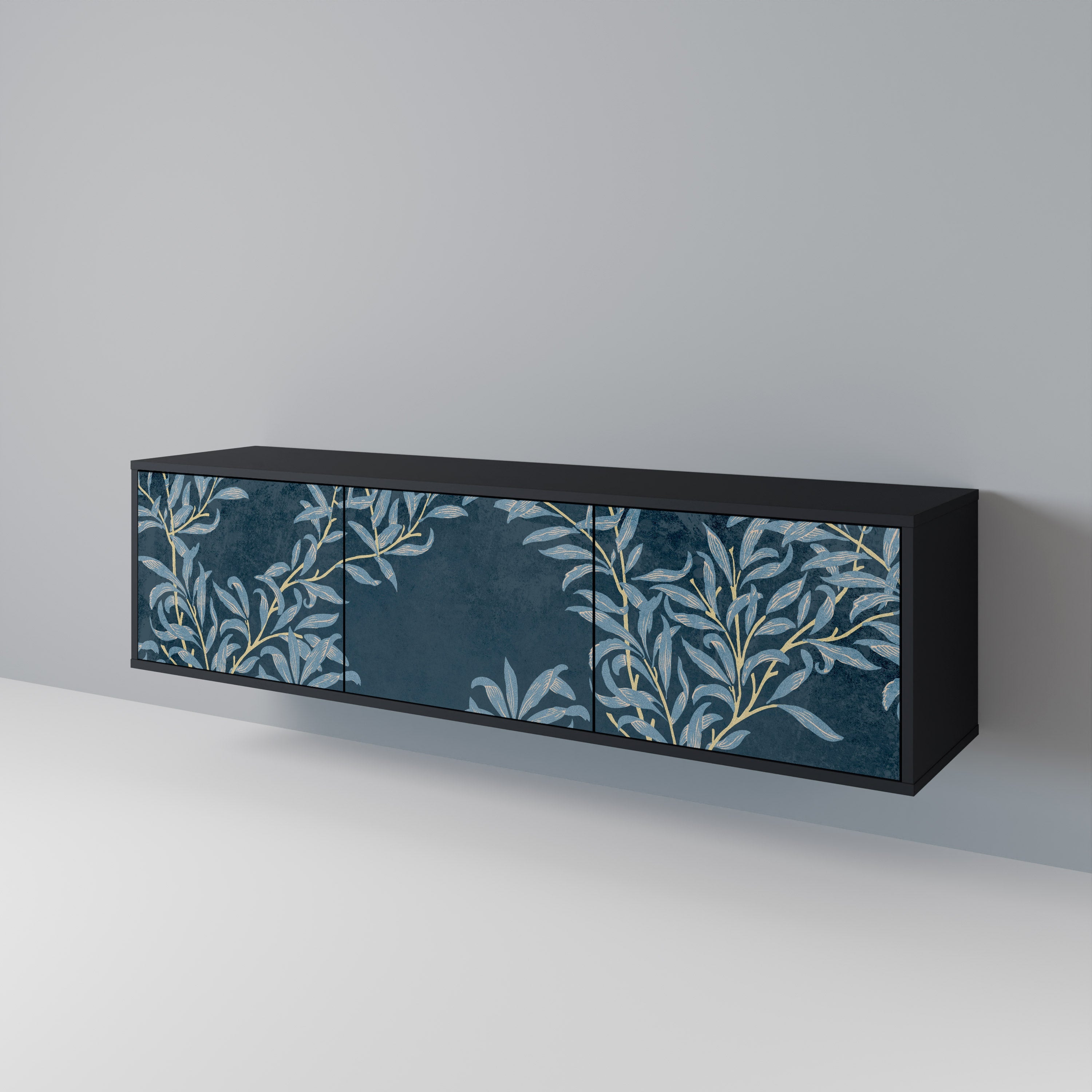 BLUE LEAVES Móvel de TV com 3 Portas em Acabamento Preto