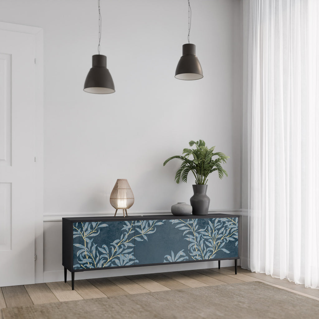 BLUE LEAVES Móvel de TV com 3 Portas em Acabamento Preto