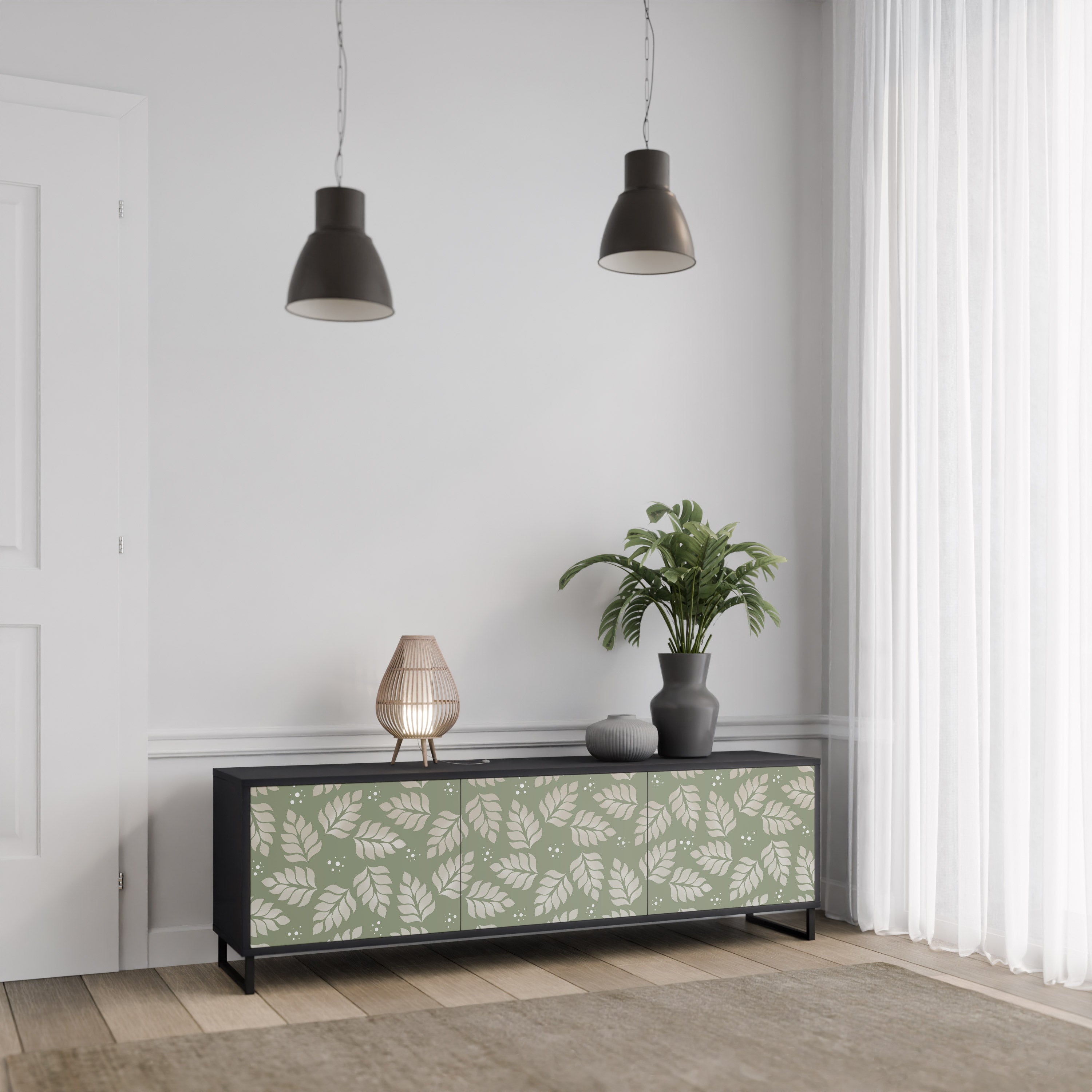 LEAVES ON GREEN Móvel de TV com 3 Portas em Acabamento Preto