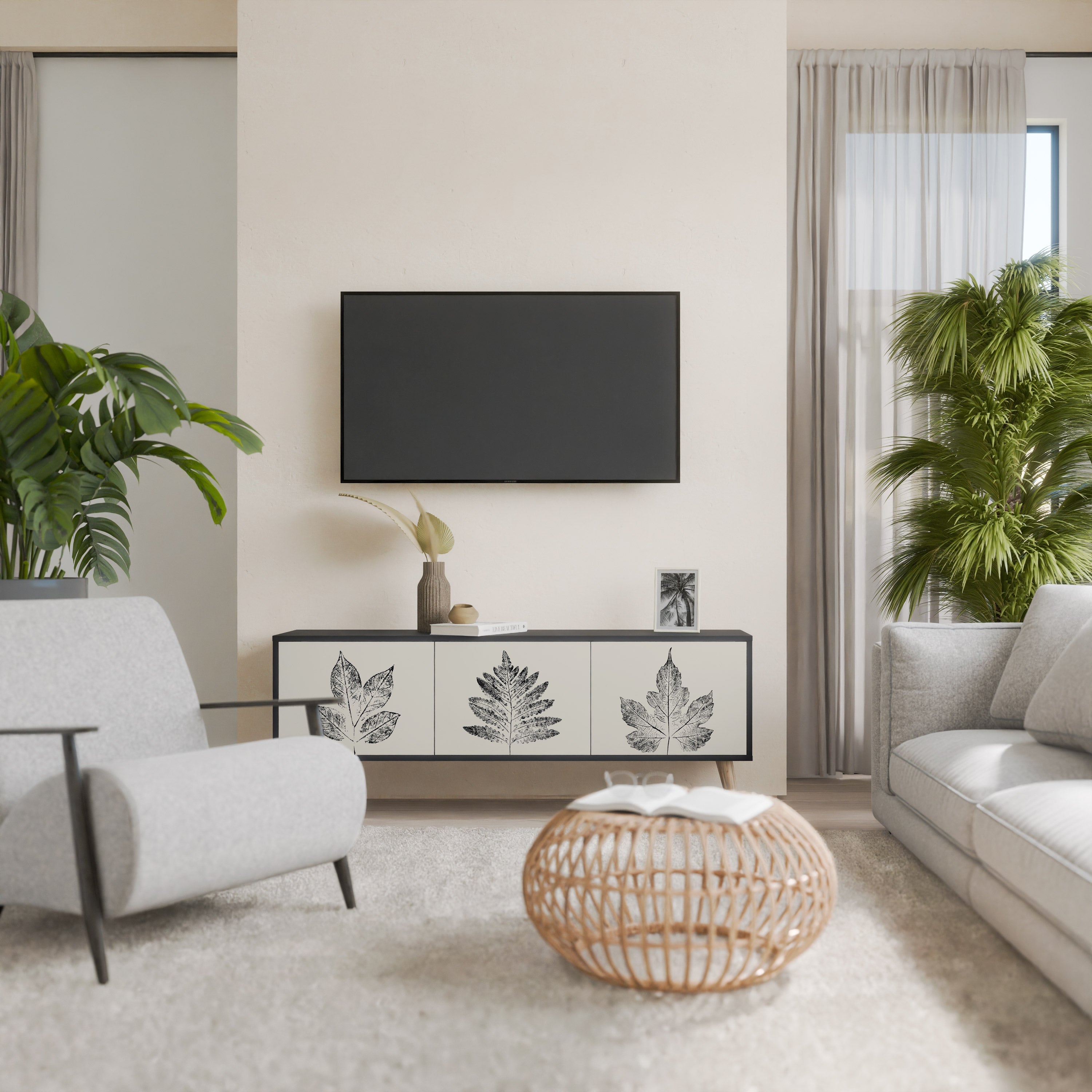 LEAFY STAMPS Móvel de TV com 3 Portas em Acabamento Preto